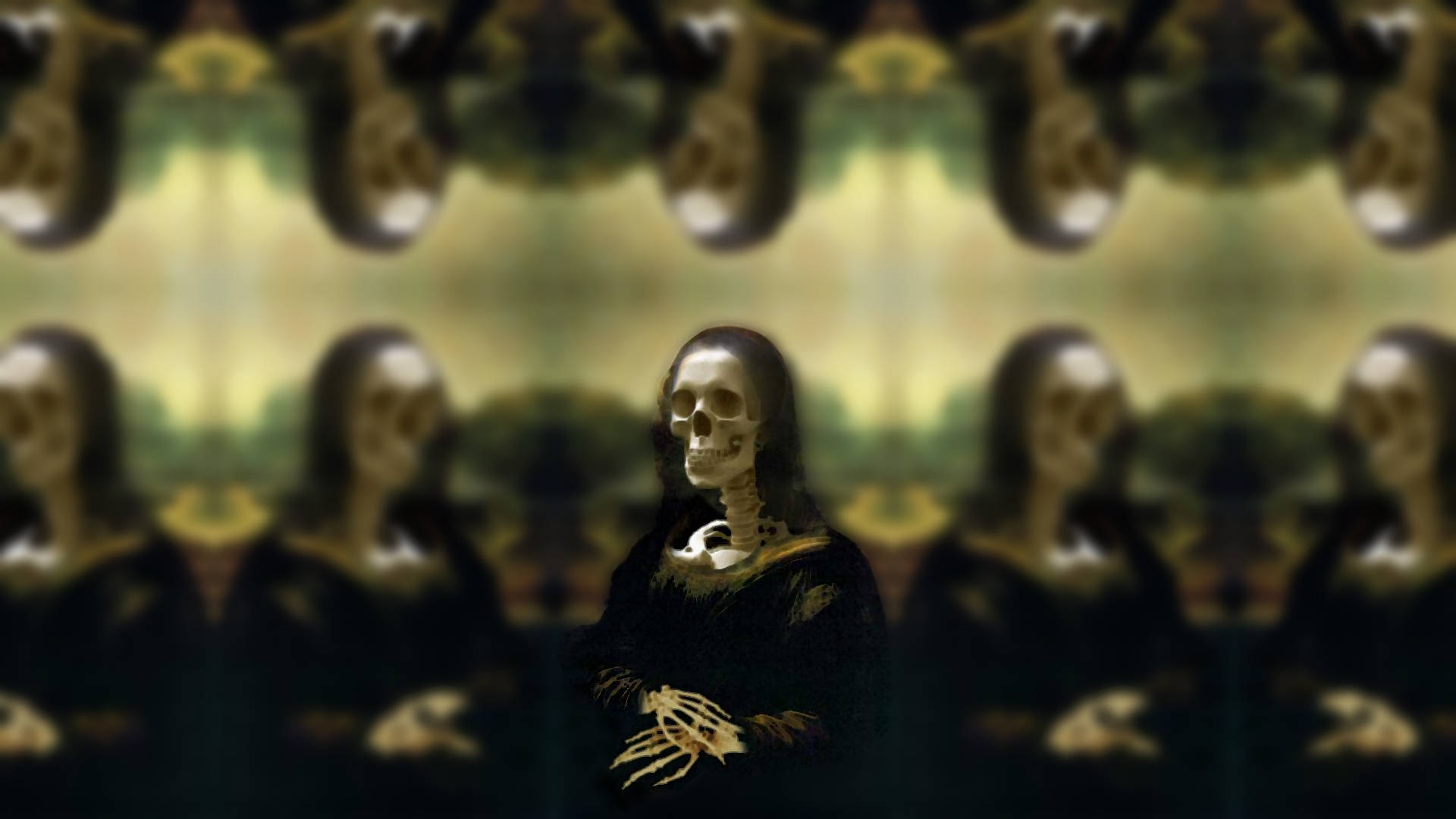 lisa 桌布 壁紙 — 一幅令人難忘的數位藝術肖像，描繪了一個骷髏狀的蒙娜麗莎，帶有鏡像複製品，逐漸消失在模糊的綠黃色背景中。