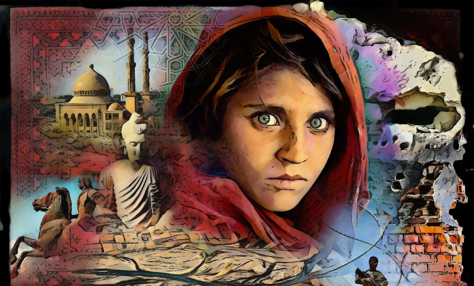 Afghanistan 桌布 壁紙 — 一幅令人難忘的數位藝術肖像畫，描繪一位眼神銳利的女孩，周圍環繞著古代遺跡、清真寺和骷髏圖案的拼貼。