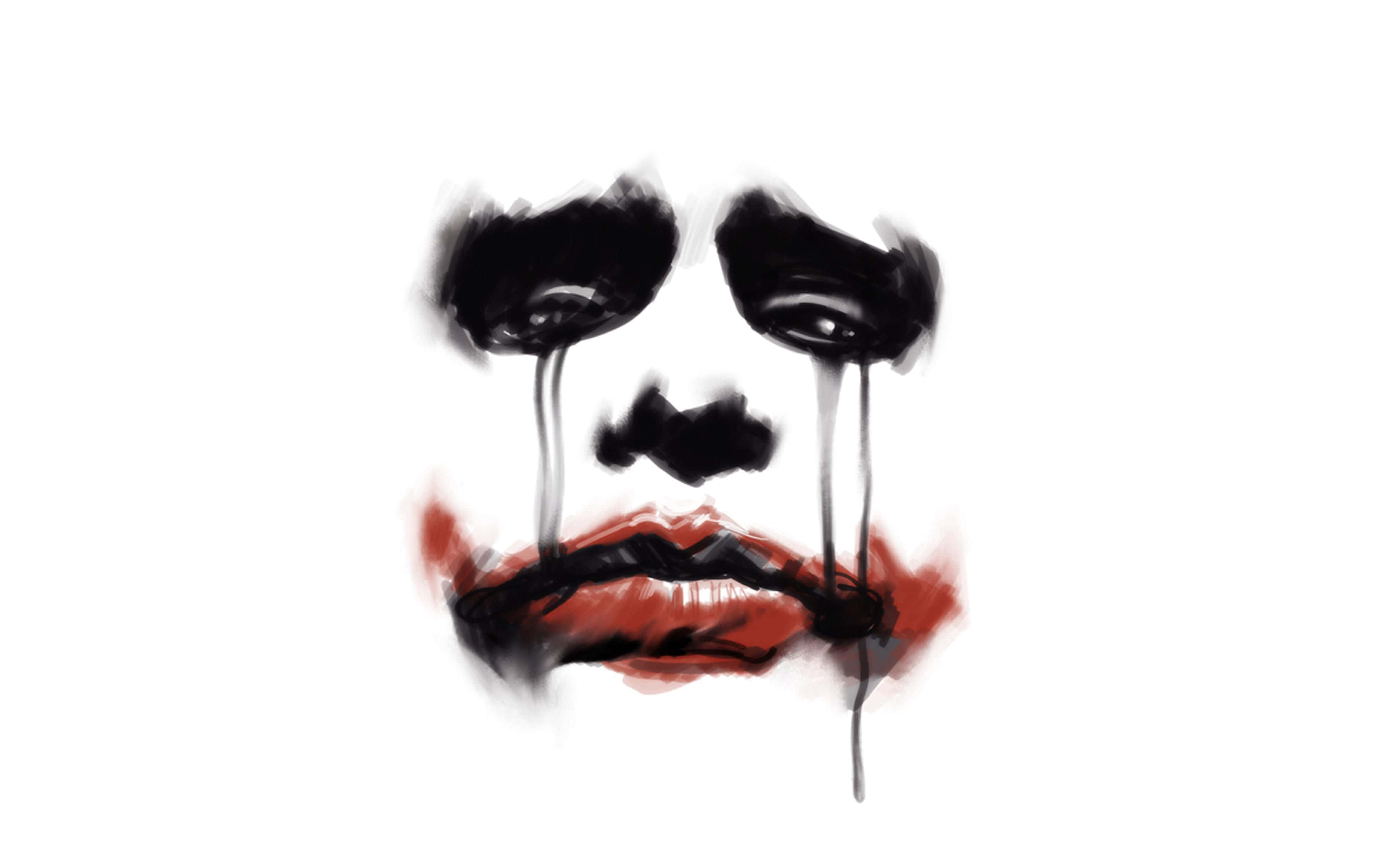 Joker Art 桌布 壁紙 — 一幅令人難忘的水彩肖像畫，描繪一張哭泣的臉，帶有黑色眼淚和紅色嘴唇，背景為純白色。