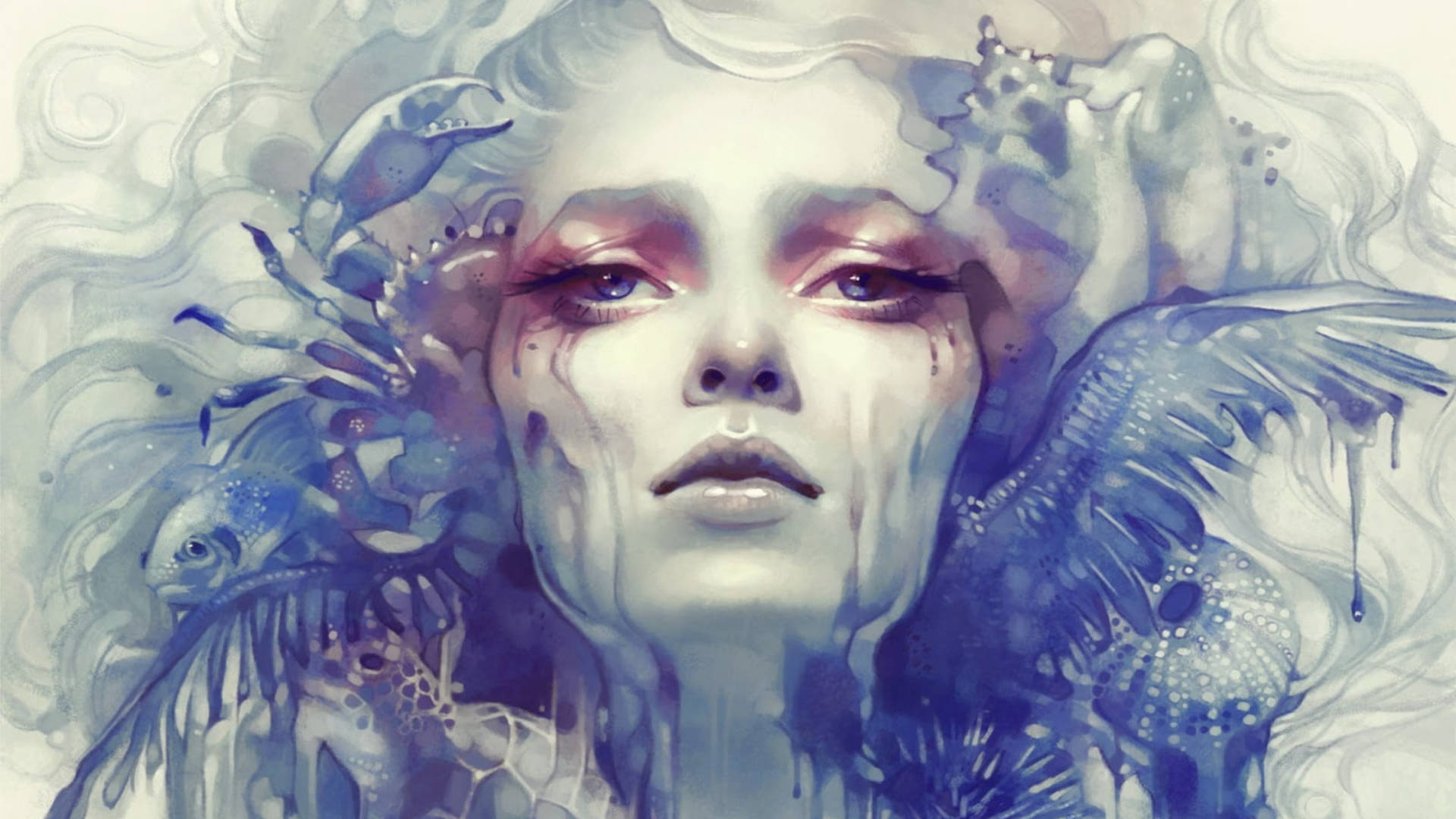 zodiac 桌布 壁紙 — 一幅令人難忘的水彩肖像畫，描繪一位淚流滿面的女子，被超現實的藍色海洋生物和旋轉的迷霧所環繞。