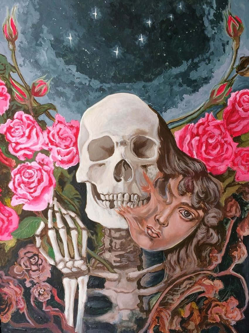 美學藝術 桌布 壁紙 — 一幅令人難忘的油畫，描繪一個頭骨與女人的臉融合，周圍環繞著鮮豔的粉紅玫瑰，背景是星空夜空。