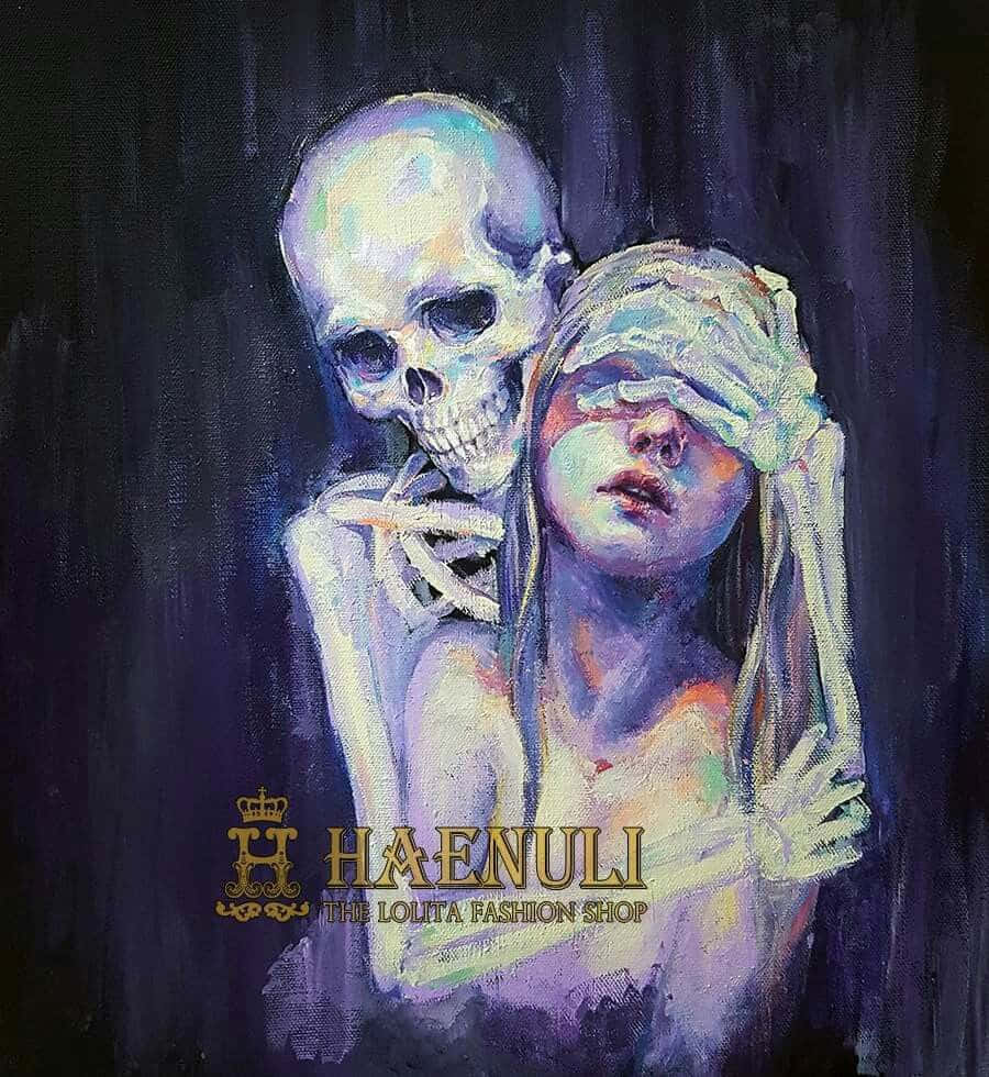 骷髏動圖 桌布 壁紙 — 一幅令人難忘的油畫，描繪一個骷髏在深紫色環境中擁抱一位蒙眼女子。