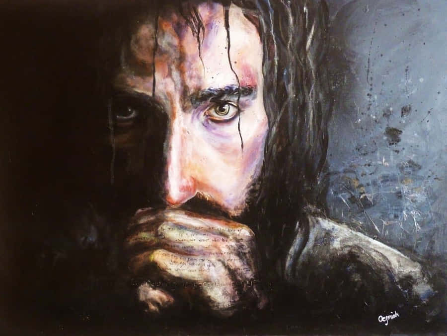 Jesus Praying 桌布 壁紙 — 一幅令人難忘的油畫，描繪一個黑髮鬍鬚的男人，手掩著嘴，淚水在粗糙紋理的背景上劃過他的臉龐。