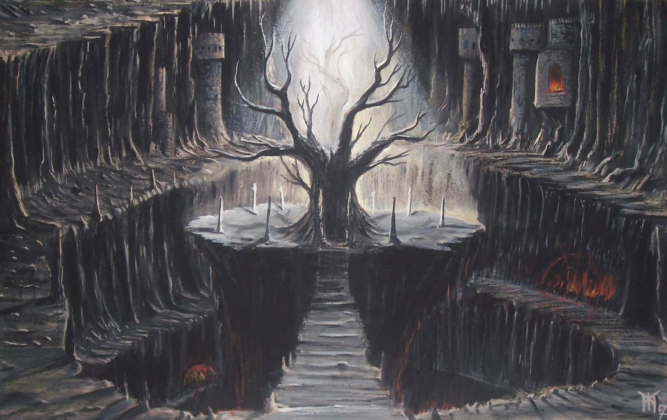 Norse Mythology 桌布 壁紙 — 一幅令人難忘的油畫，描繪黑暗洞穴中一棵光禿禿的樹，有發光的餘燼和通往上方明亮光線的石階。