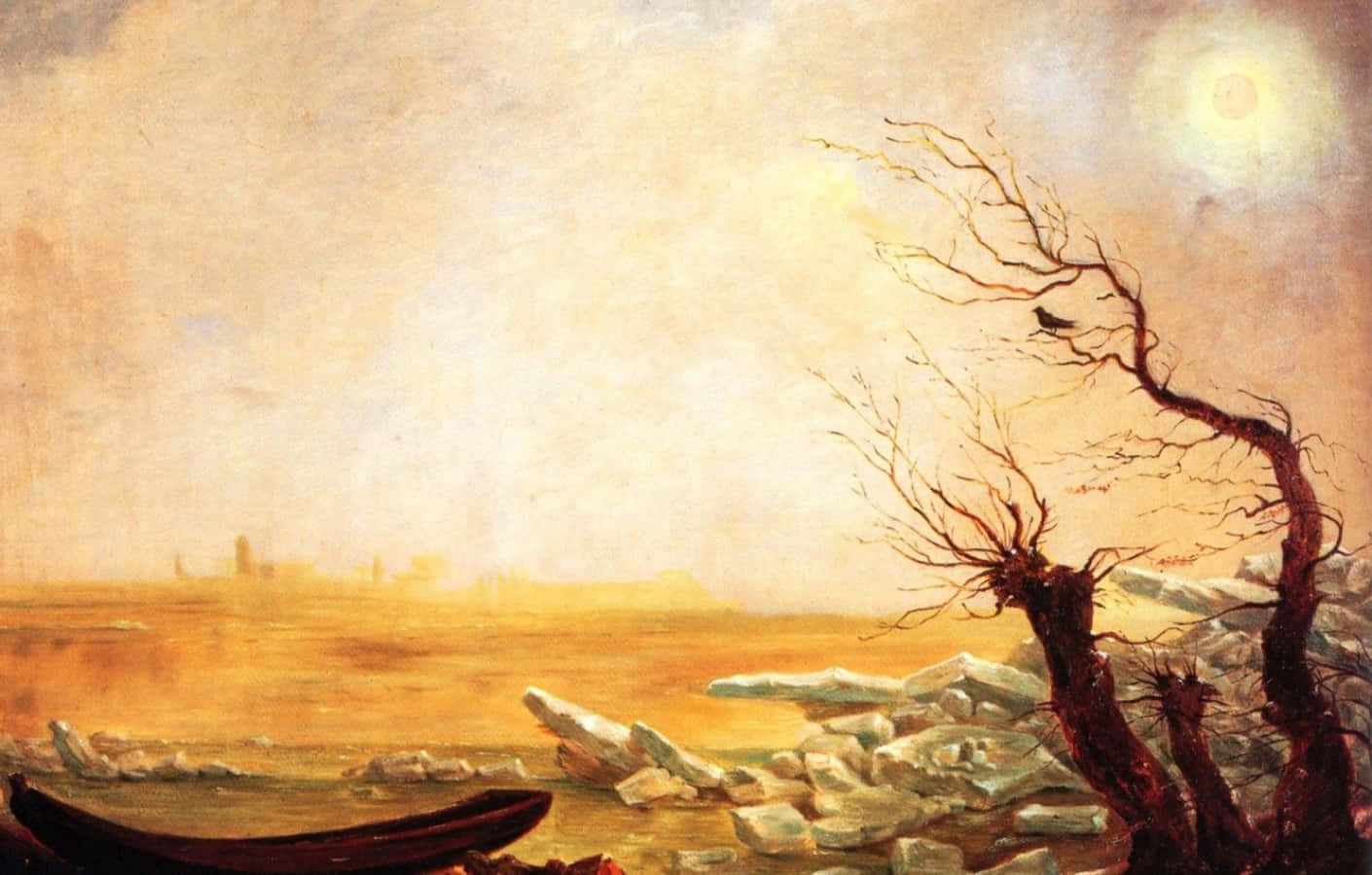 Romanticism 桌布 壁紙 — 一幅令人難忘的油畫描繪了一艘孤獨的小船停泊在岩石海岸上，旁邊是扭曲的裸樹，在朦朧的陽光下。