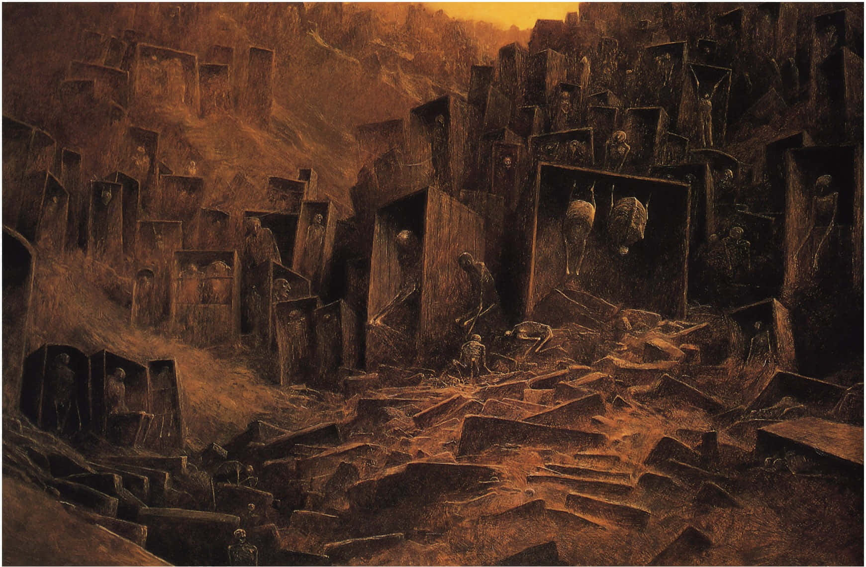 恐怖動圖 桌布 壁紙 — 一幅令人難忘的油畫描繪了黃昏時分 crumbling 的城市景觀，在火紅色的天空下，骷髏形狀從破損的建築物中出現。