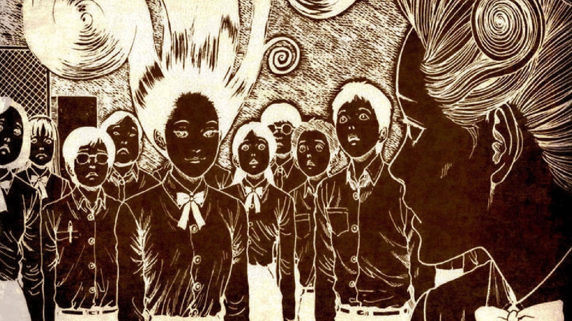 詭異的GIF 桌布 壁紙 — 一幅令人難忘的漫畫風格插圖，描繪一群穿著制服的學生震驚地凝視著一個背景帶有漩渦圖案的威嚴人物。