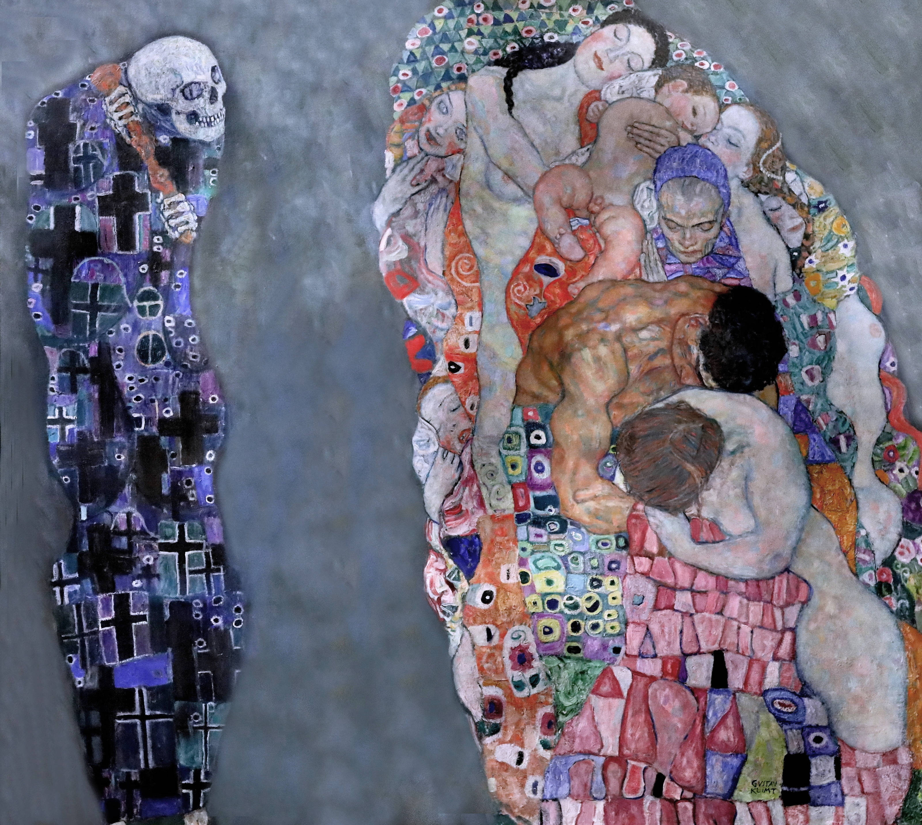 Life And Death 桌布 壁紙 — 一幅令人難忘的畫作描繪了一個穿著深色圖案長袍的骷髏人物，站在一群穿著華麗多彩服飾、充滿活力地擁抱的人物旁邊。
