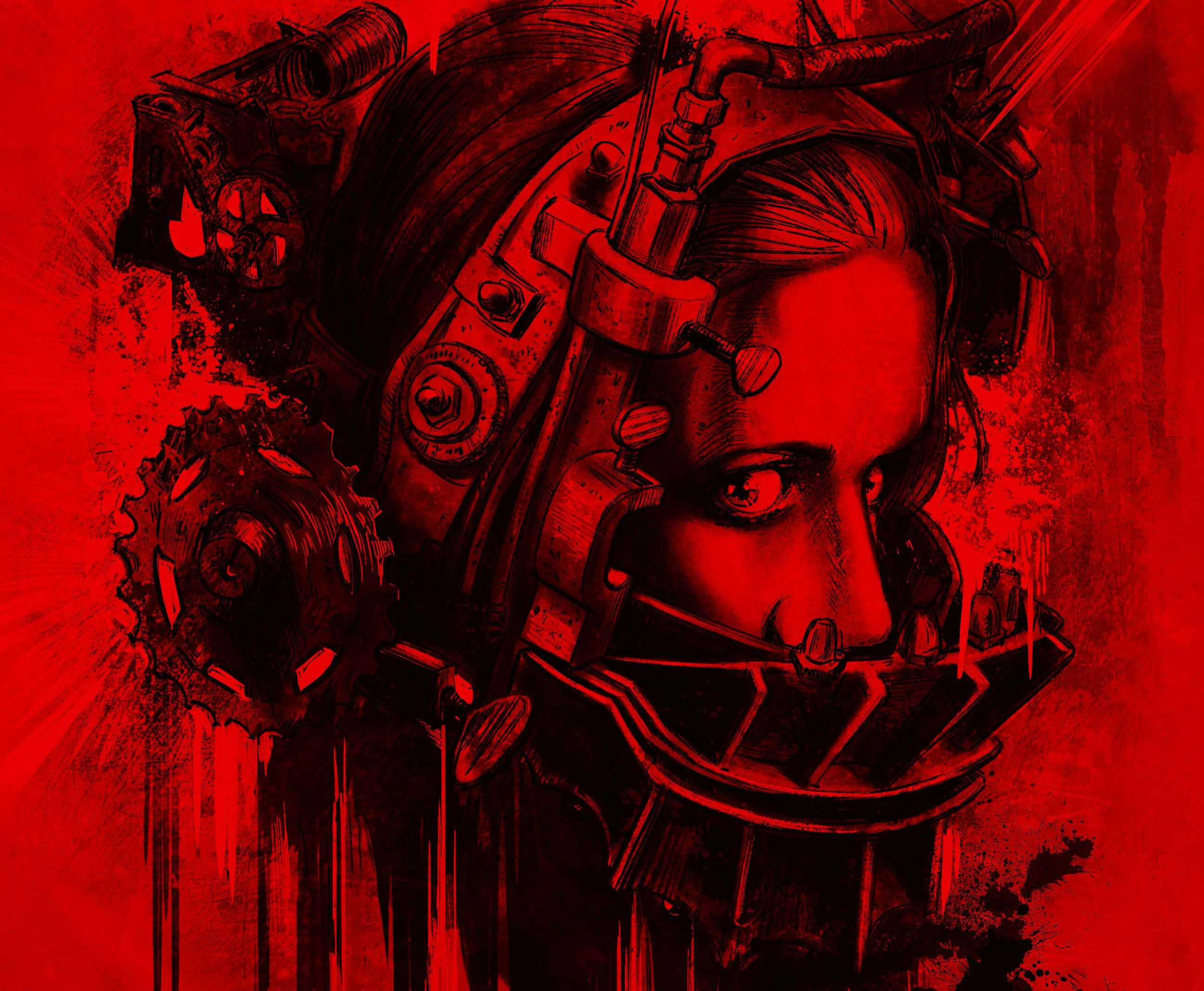 Horror Masks 桌布 壁紙 — 一幅令人難忘的紅色調插圖，以生物機械風格描繪女性面孔與機械齒輪和管道融合。