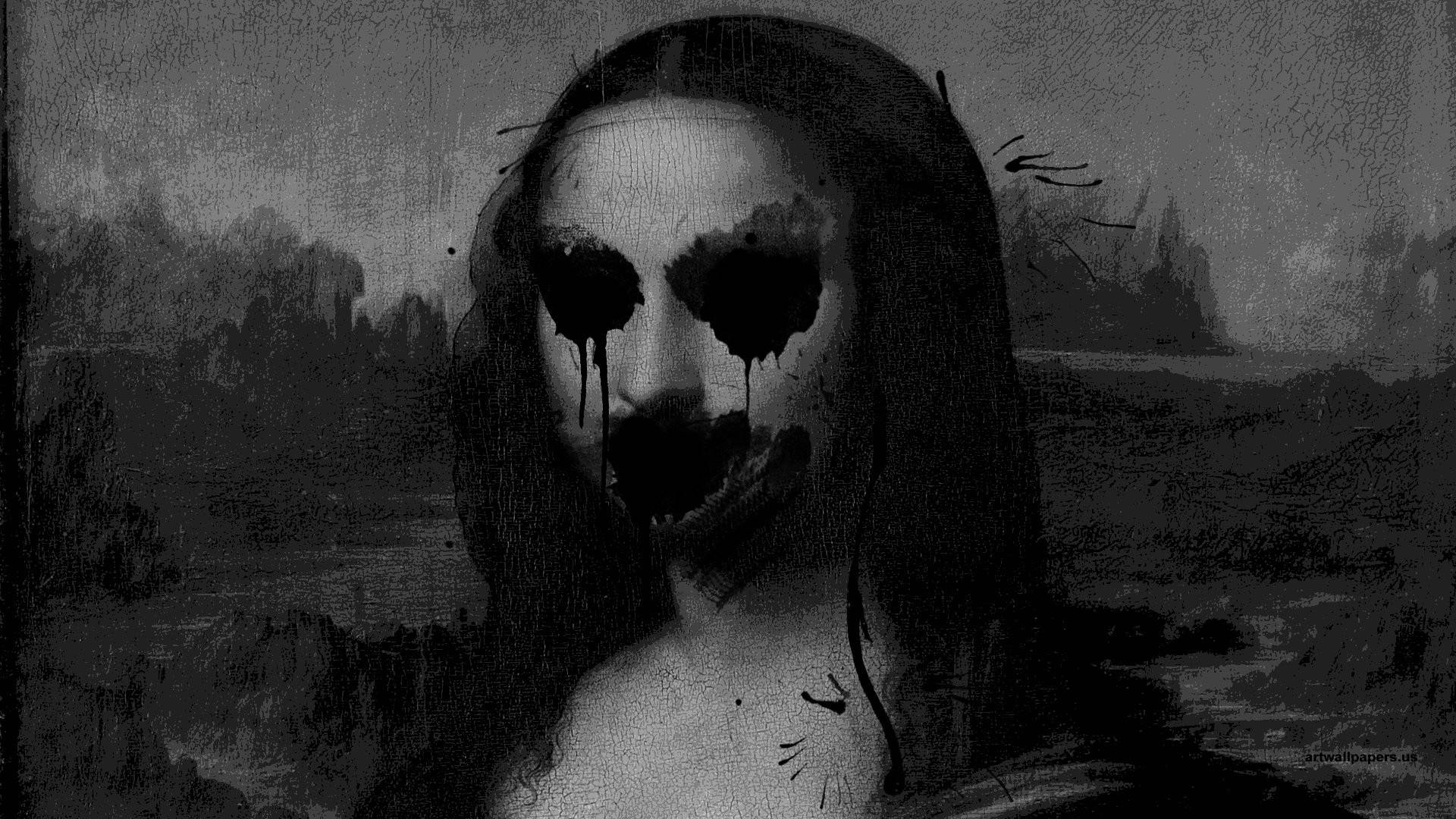 lisa 桌布 壁紙 — 一幅令人難忘的蒙娜麗莎黑白肖像，眼睛和嘴巴被滴落的黑色虛空取代，背景是紋理豐富的風景。