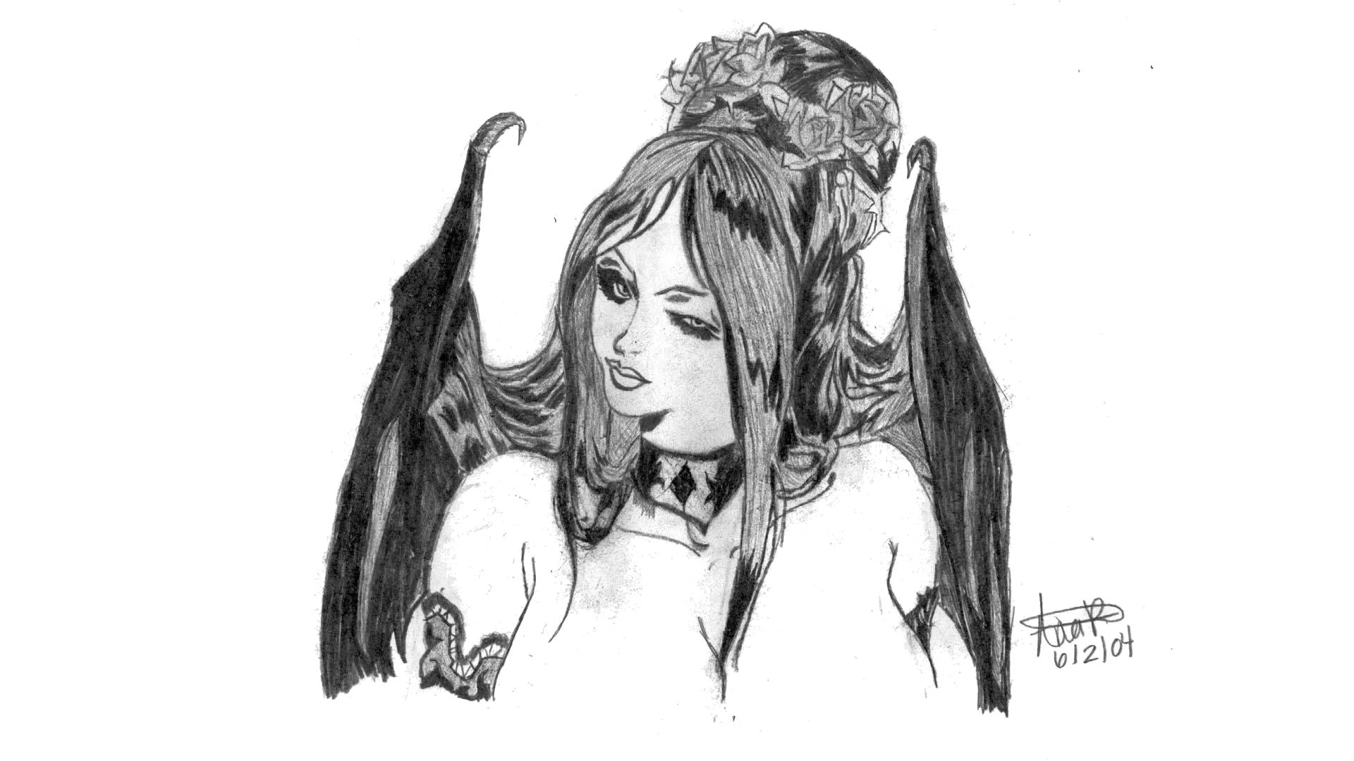 Succubus 桌布 壁紙 — 一幅令人難忘的鉛筆素描，描繪一位擁有蝙蝠翅膀和花冠的女性，以銳利的眼神向下凝視。