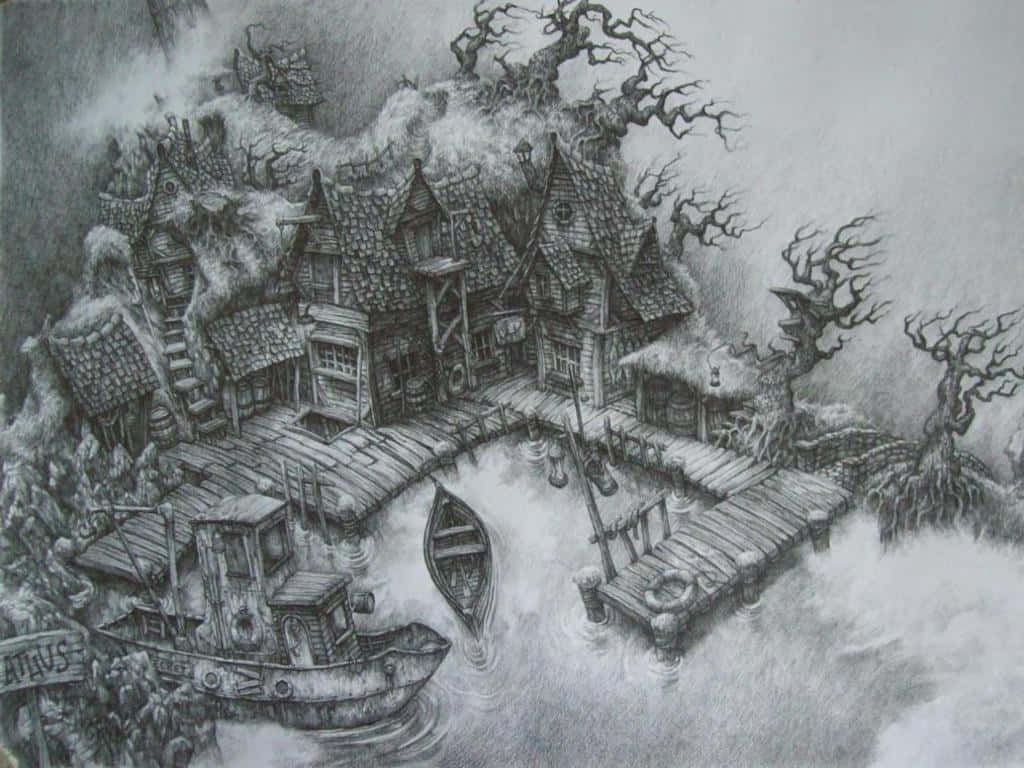 Art Drawing 桌布 壁紙 — 一幅令人難忘的鉛筆素描，描繪了一個迷霧籠罩、被遺棄的河邊村莊，有歪斜的房屋、枯樹般的樹木，以及一艘孤零零停泊在風化碼頭的小船。