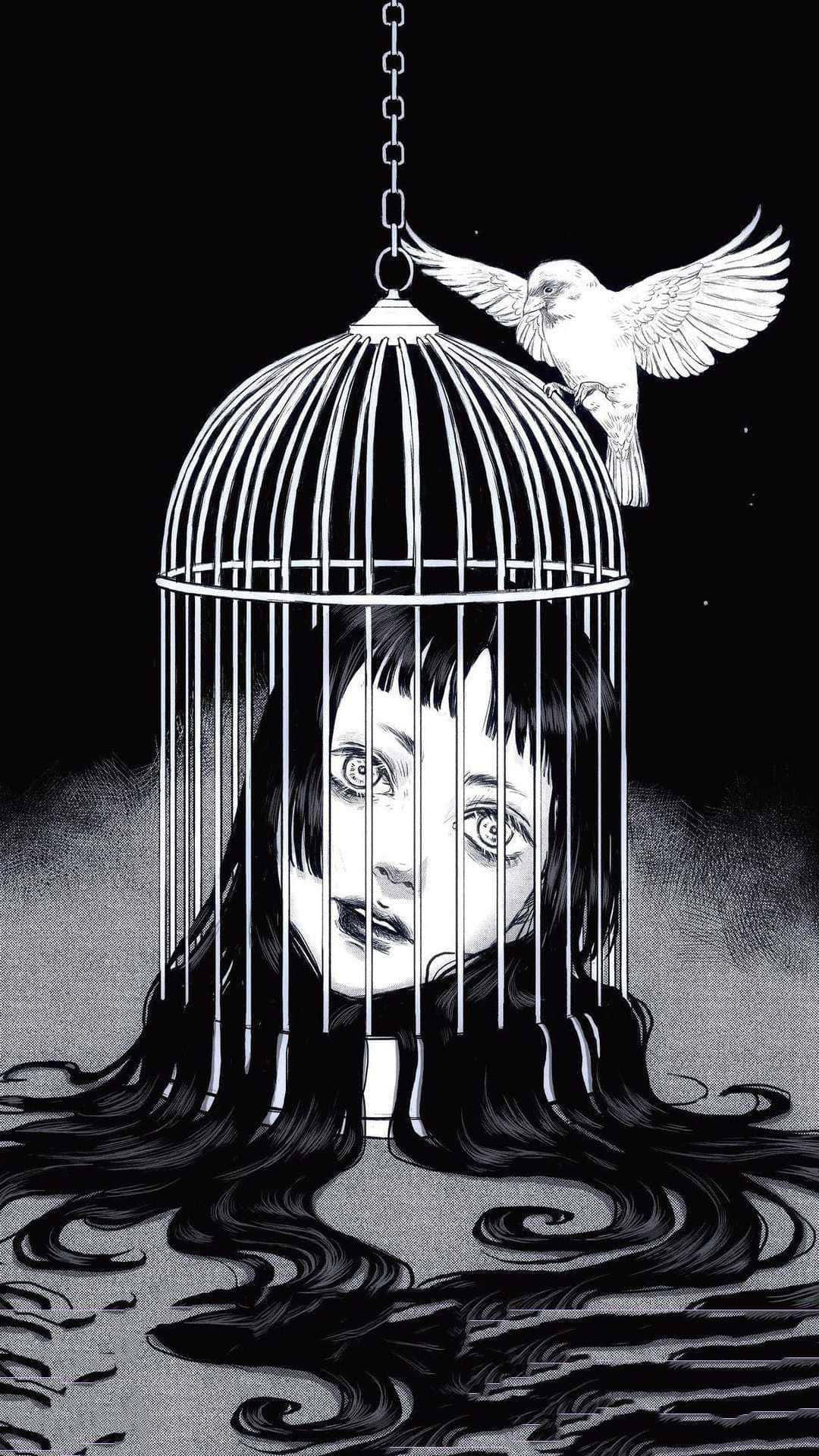Creepy Aesthetic 桌布 壁紙 — 一幅令人難忘的黑白插圖，描繪一個女人的臉從懸掛的鳥籠內的水中浮現，一隻鳥飛走。