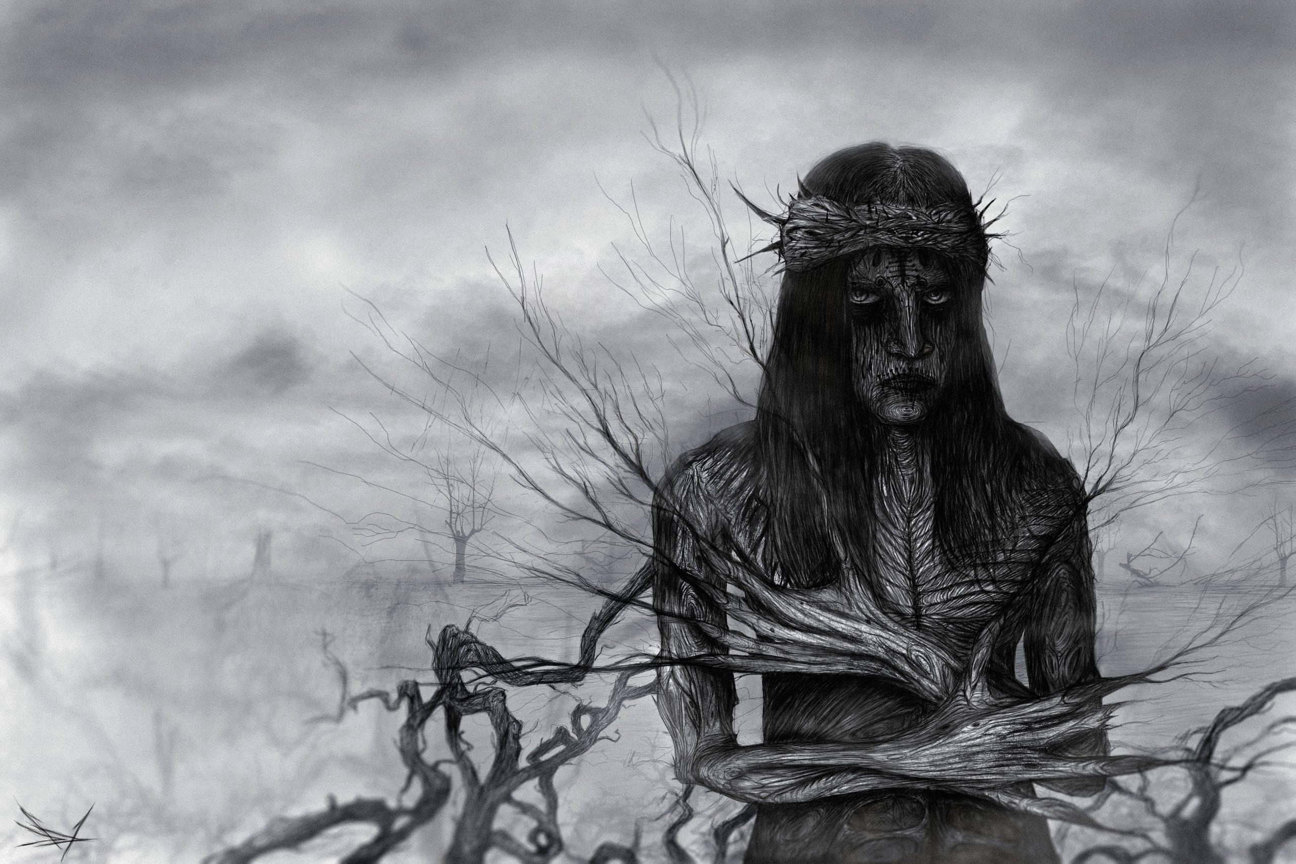 Joey Jordison 桌布 壁紙 — 一幅令人難忘的黑白插圖，描繪一個瘦削的人物，頭戴荊棘冠冕，扭曲的樹枝從身體長出，背景是陰沉的密雲天空。