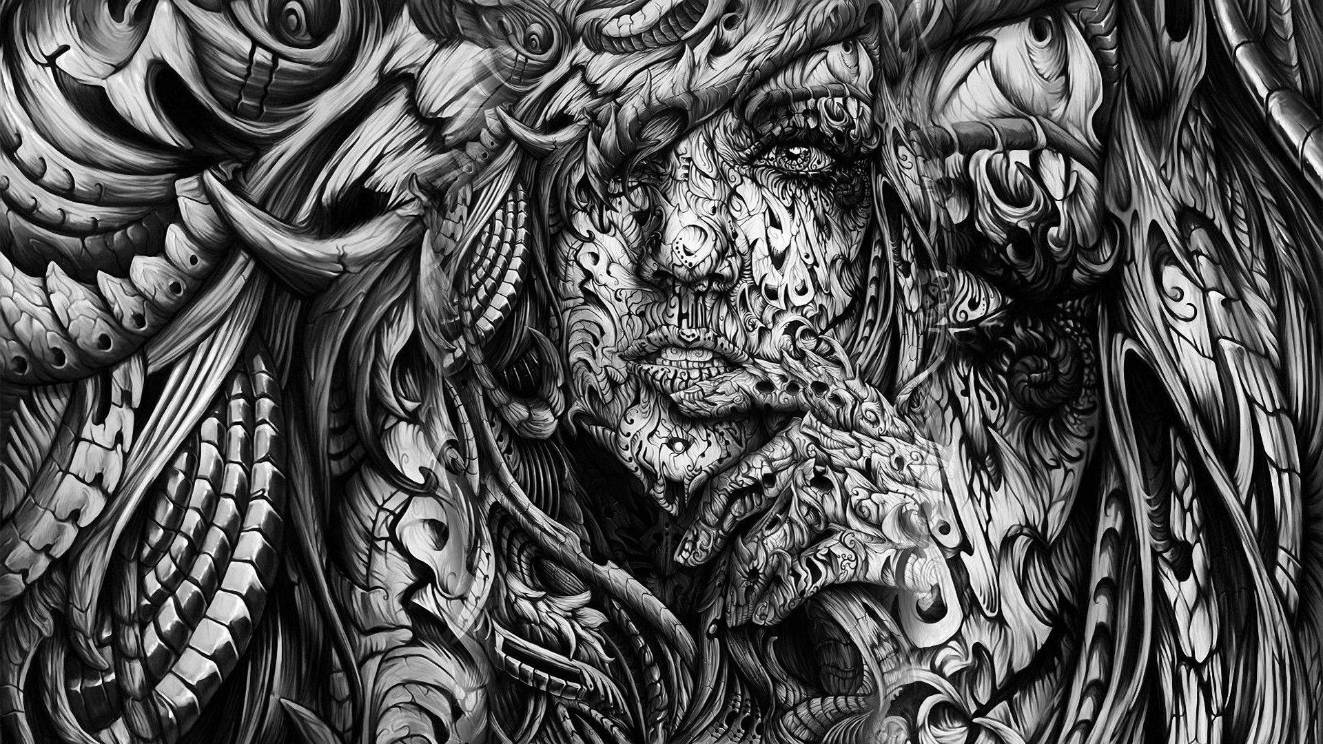 Black And White Abstract 桌布 壁紙 — 一幅令人難忘的黑白插圖，描繪一張臉與複雜的生物機械圖案和旋轉的有機紋理交織在一起。