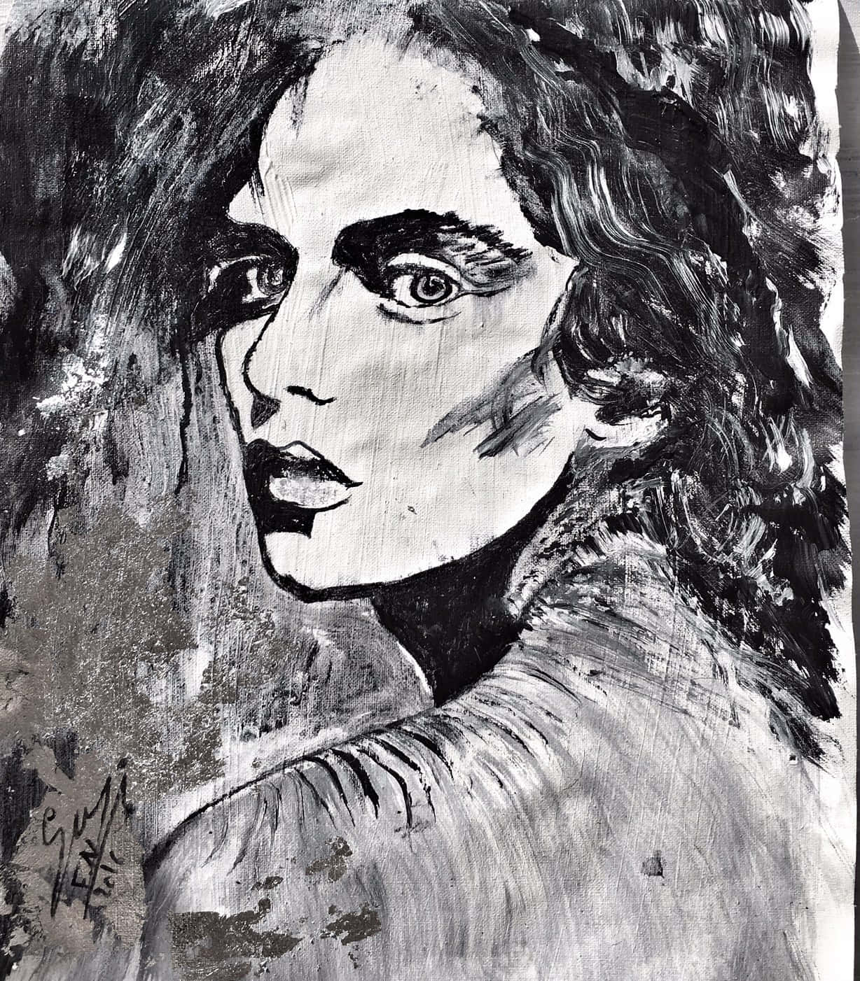 Black And White Painting 桌布 壁紙 — 一幅令人難忘的黑白油畫，描繪一位女性面孔，眼神強烈，筆觸富有質感。