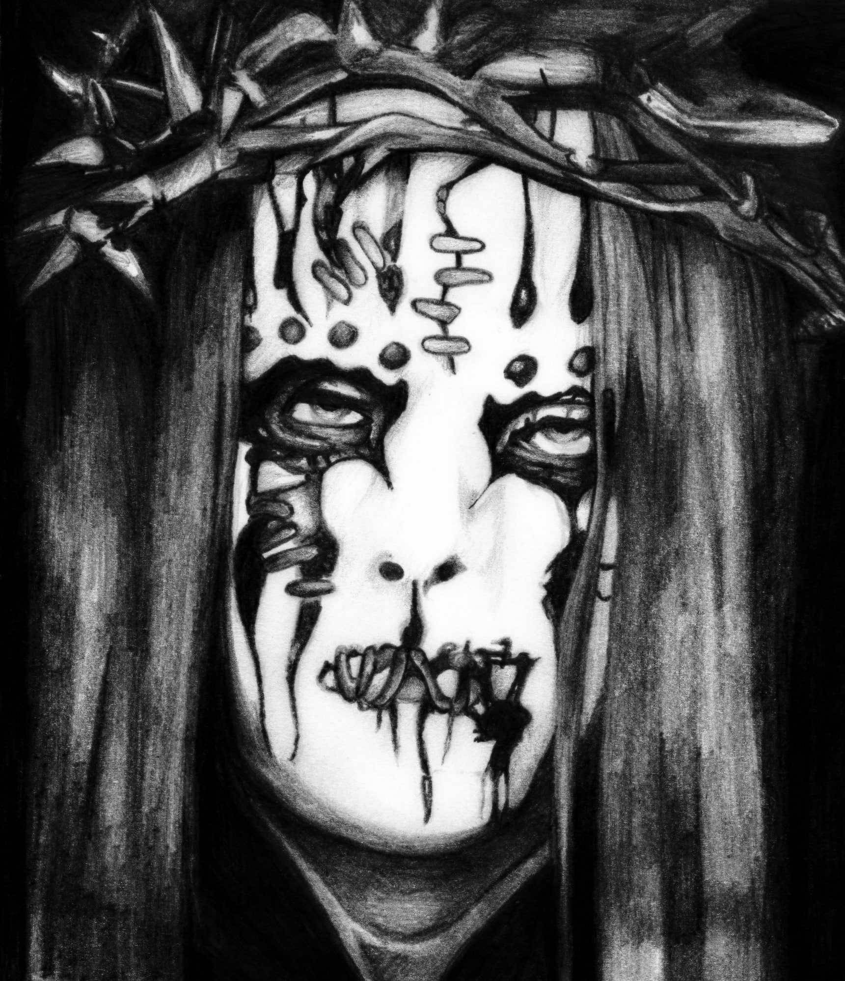 Joey Jordison 桌布 壁紙 — 一幅令人難忘的黑白畫作，描繪一個扭曲的臉孔，戴著荊棘冠冕，並有滴落的黑色痕跡。