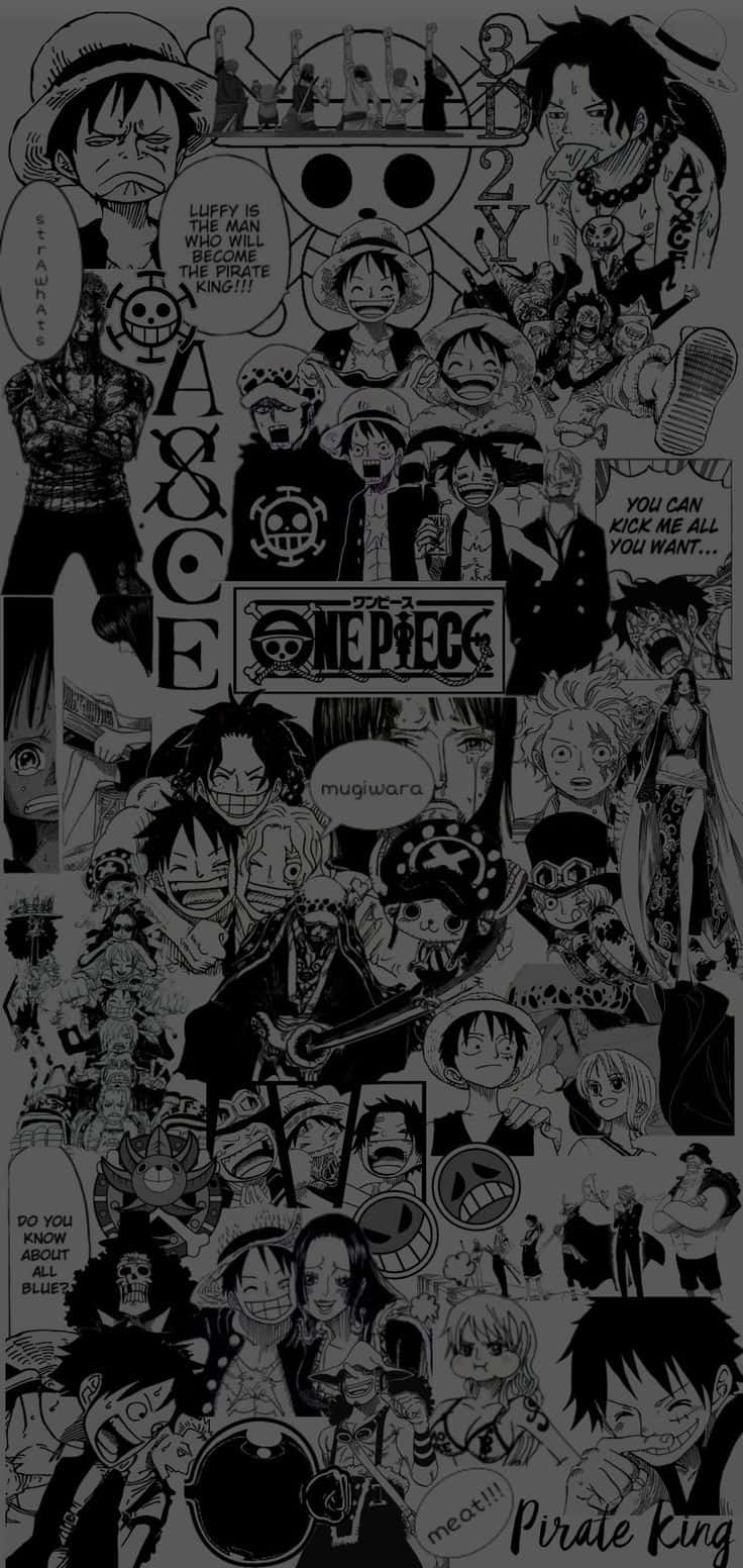 One Piece Black And White 桌布 壁紙 — 一幅以One Piece漫畫角色為主題的黑白拼貼畫，角色擺出動態姿勢，配有對話氣泡和海盜主題圖案。