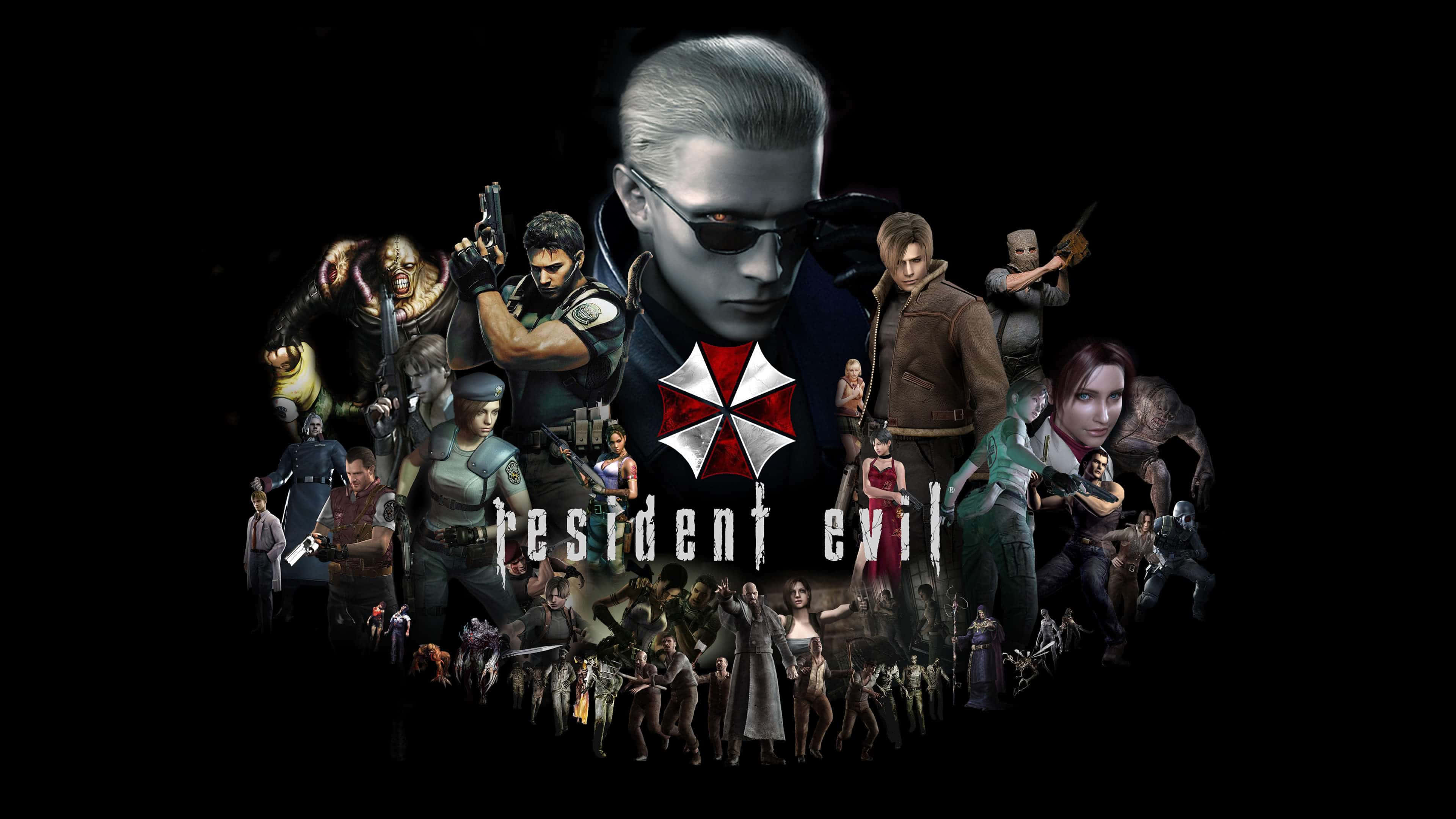 Resident Evil Characters 桌布 壁紙 — 一幅以亞伯·威斯卡為中心、帶有標誌性紅白雨傘標誌的《惡靈古堡》角色暗色拼貼畫。