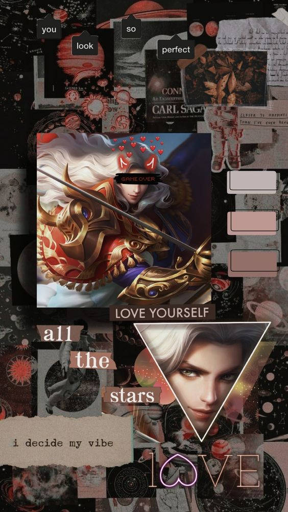 Mobile Legends 動態圖 桌布 壁紙 — 一幅以動漫風格角色和宇宙圖案組成的拼貼畫，帶有文字疊加，呈現陰鬱、分層的美感。