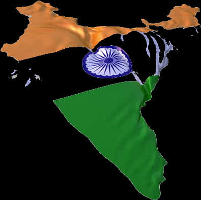 India Flag 桌布 壁紙 — 一幅以印度國旗顏色覆蓋的3D渲染印度地圖，中央有發光的阿育王法輪。