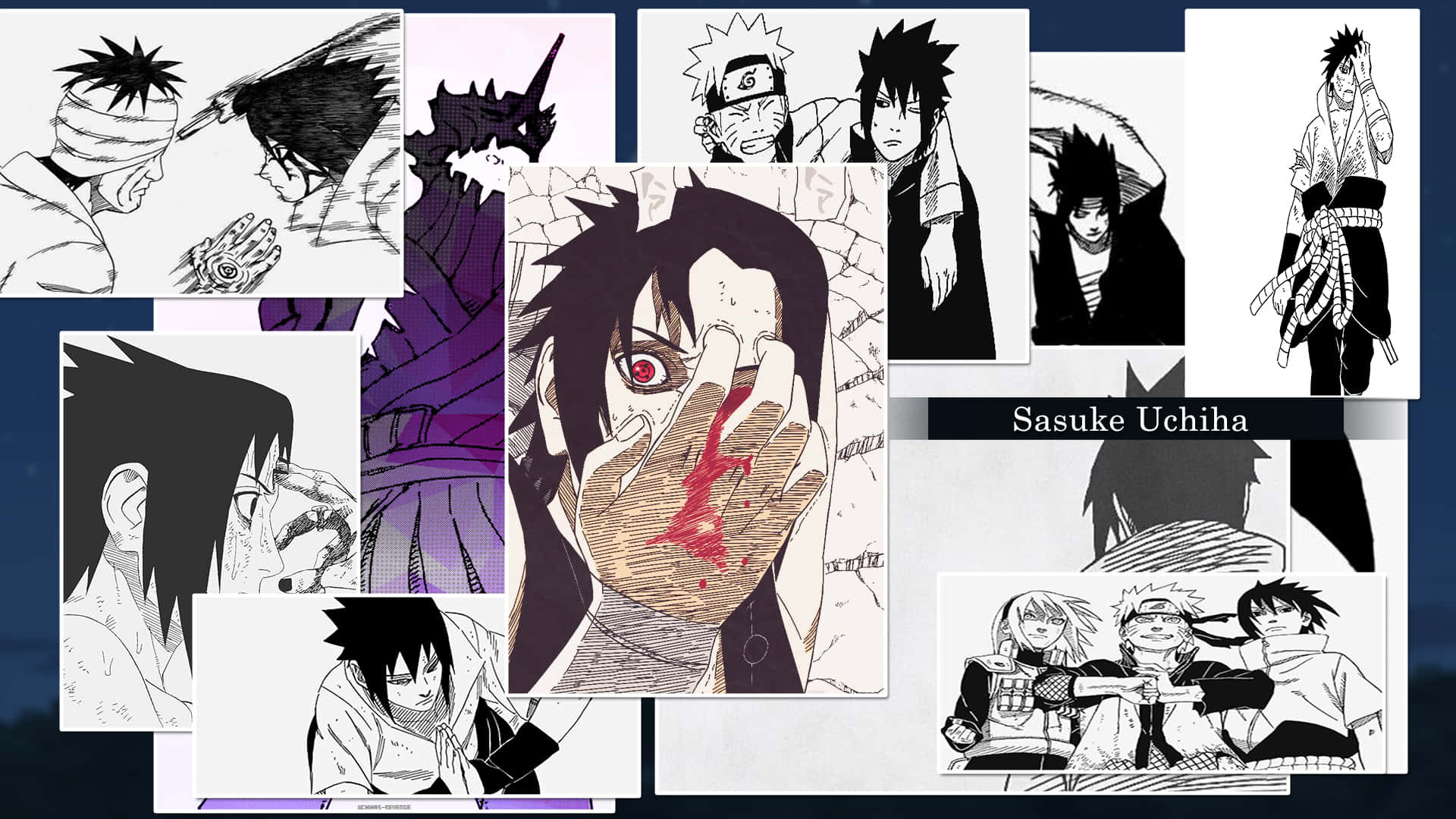 Sasuke Manga 桌布 壁紙 — 一幅以各種黑白素描和帶有紅色點綴的戲劇性姿勢組成的動漫角色宇智波佐助拼貼畫。