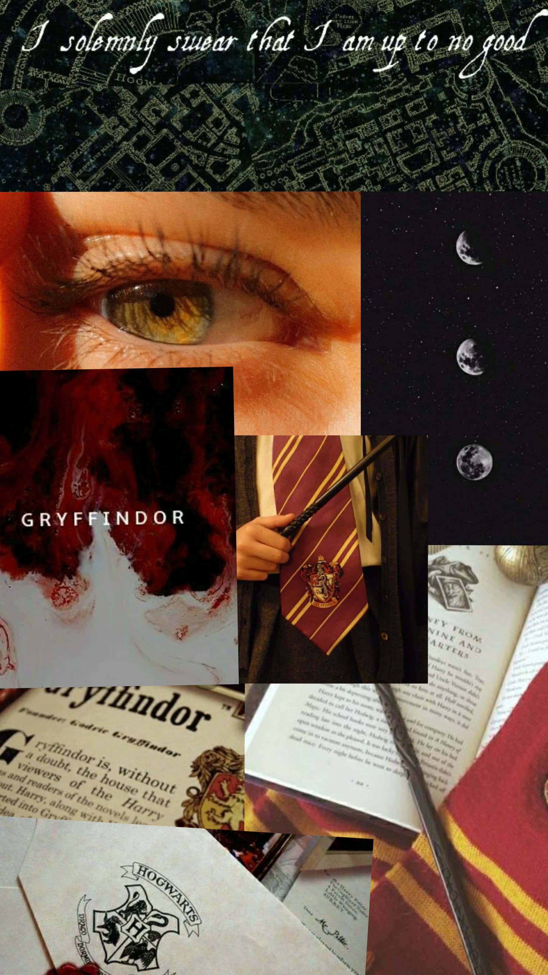 Gryffindor Aesthetic 桌布 壁紙 — 一幅以哈利波特葛萊芬多為主題的元素拼貼畫，包括眼睛、魔杖、圍巾和霍格華茲徽章。