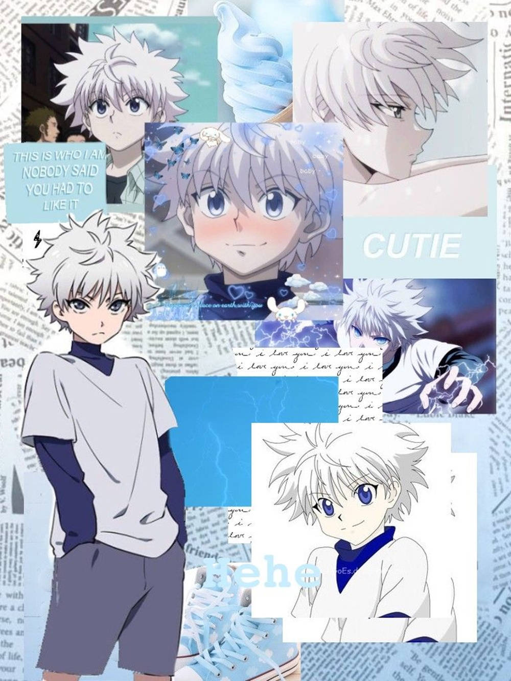 Killua Pfp 桌布 壁紙 — 一幅以報紙背景搭配藍色點綴的動漫角色奇犽·揍敵客各種姿勢和表情的拼貼畫。