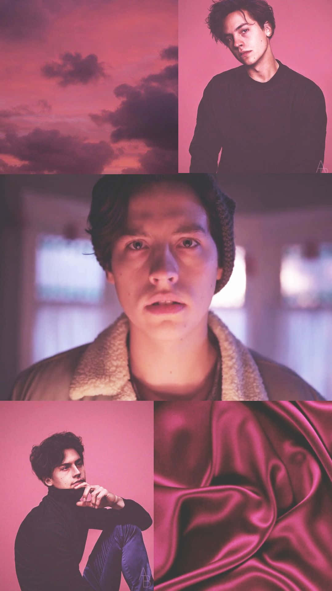 cole sprouse 桌布 壁紙 — 一幅以戲劇性天空和緞面布料為背景、帶有憂鬱粉紅色調的年輕男子拼貼畫。