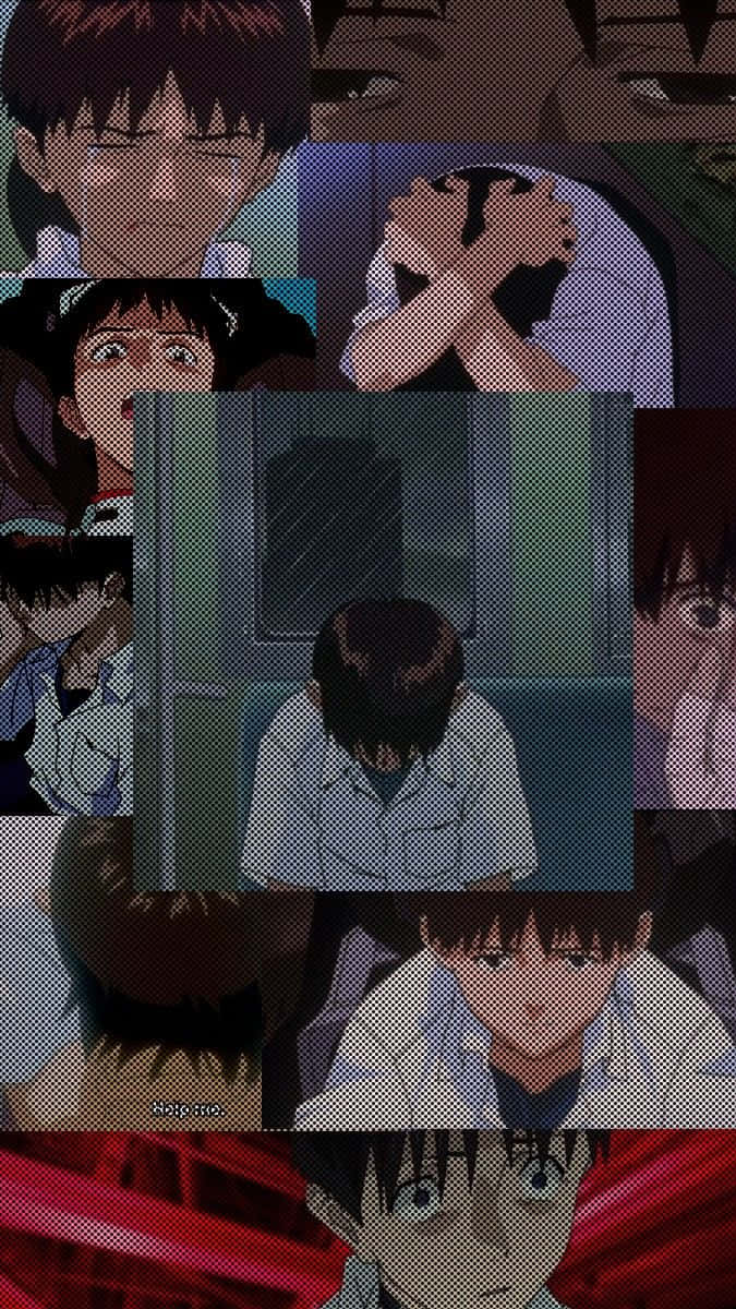 Shinji Ikari 桌布 壁紙 — 一幅以暗色調和戲劇性表情呈現情感場景的動漫角色拼貼畫。