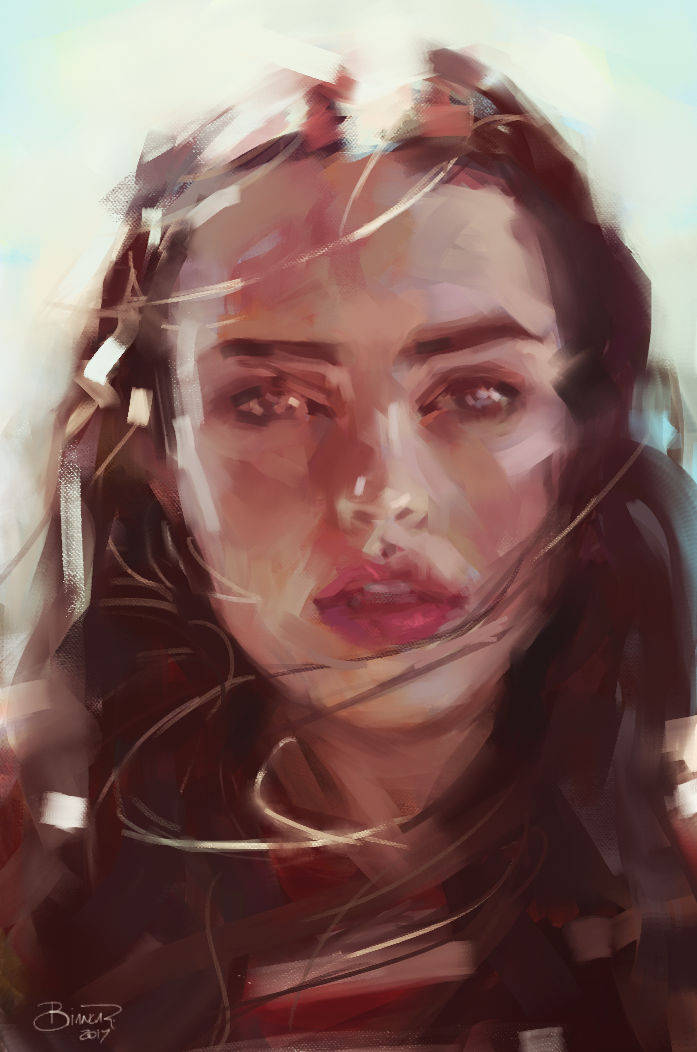 Katherine Langford 桌布 壁紙 — 一幅以柔和混合筆觸繪製、具有表現力眼睛和飄逸頭髮的女性畫像。