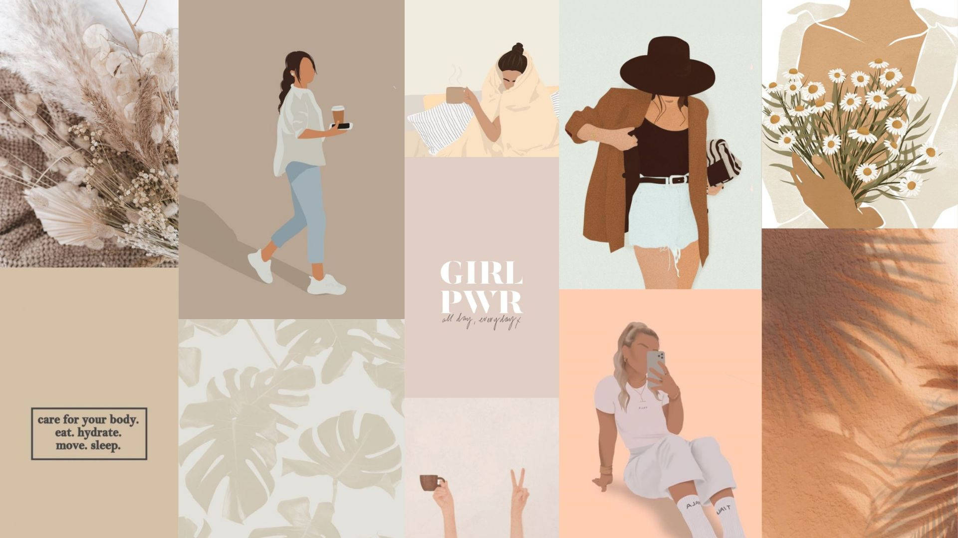Girly Tumblr 桌布 壁紙 — 一幅以柔和色調繪製的女性插圖拼貼畫，享受與鮮花、咖啡和自然相伴的日常時刻。
