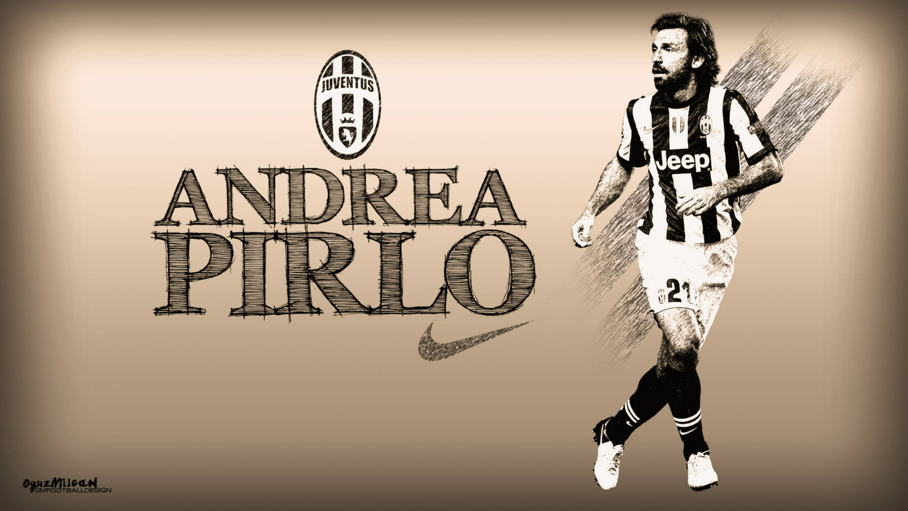 andrea pirlo 桌布 壁紙 — 一幅以棕褐色調風格化的插圖，描繪足球員安德烈亞·皮爾洛身穿尤文圖斯球衣，在純色背景上動態奔跑。