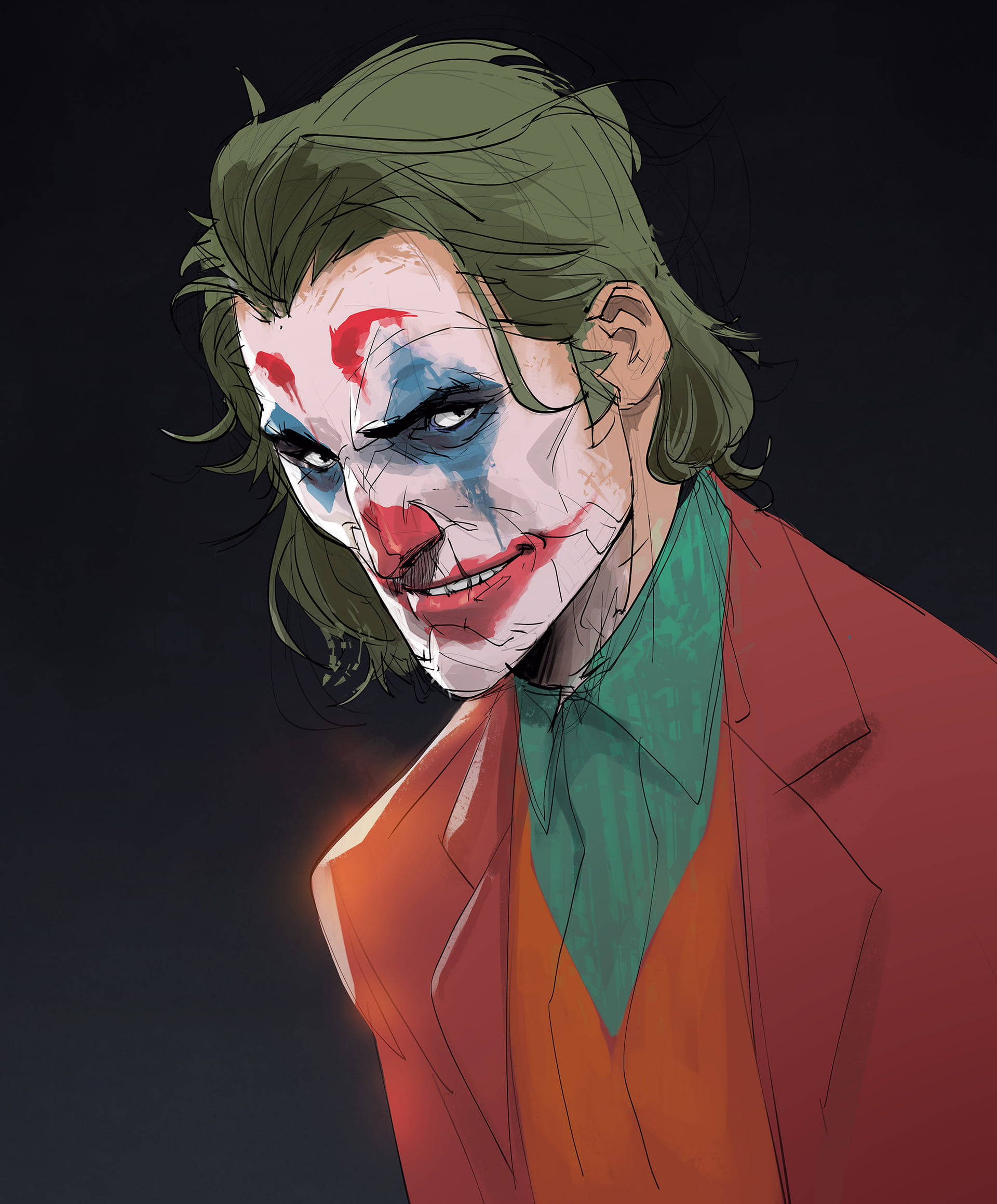 Joker Drawing 桌布 壁紙 — 一幅以深色背景為襯托、帶有綠色頭髮、紅色嘴唇和藍色化妝污跡的小丑的威脅性數位藝術肖像。