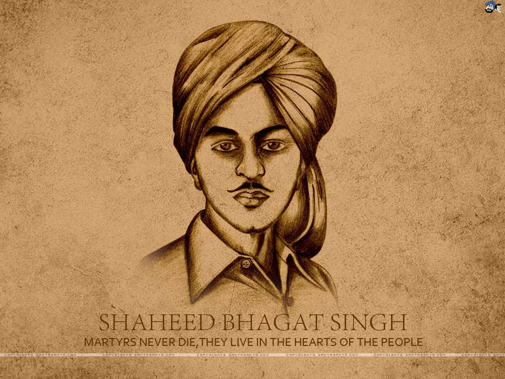 Shaheed Bhagat Singh 桌布 壁紙 — 一幅以深褐色調繪製的Shaheed Bhagat Singh插圖，戴著頭巾和鬍鬚，背景有紋理，下方附有他的名字和語錄。