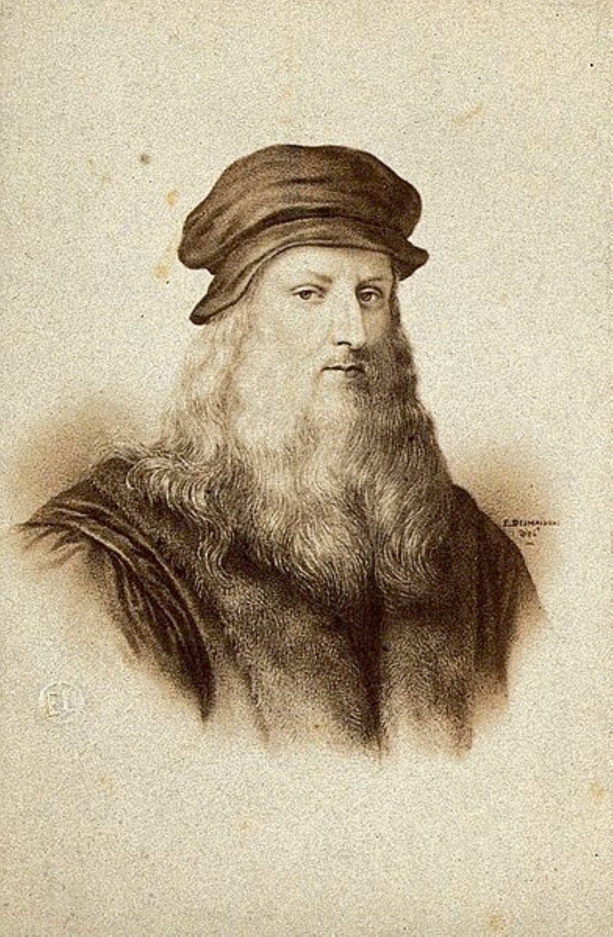 Leonardo Da Vinci 桌布 壁紙 — 一幅以深褐色調繪製的達文西肖像，長鬍鬚，戴貝雷帽，以細緻鉛筆陰影呈現。