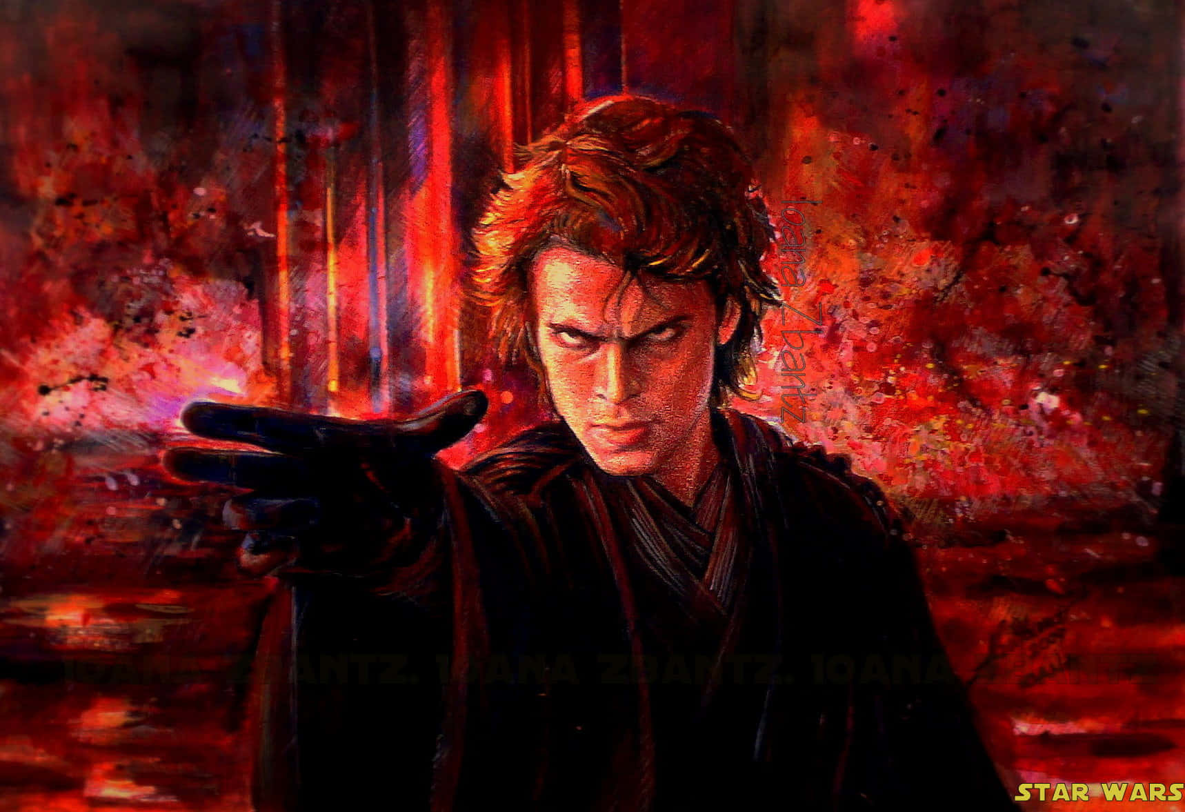 Mustafar 桌布 壁紙 — 一幅以火紅和橙色繪畫的 Anakin Skywalker 肖像，他帶著堅定的表情向前指。