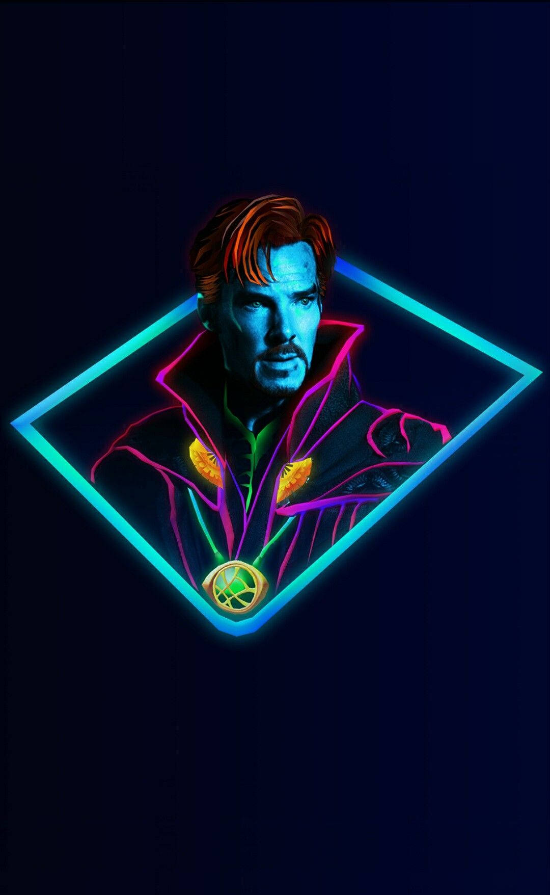 graphic art 桌布 壁紙 — 一幅以發光青色和洋紅色線條框住的奇異博士霓虹燈肖像，背景為深色。