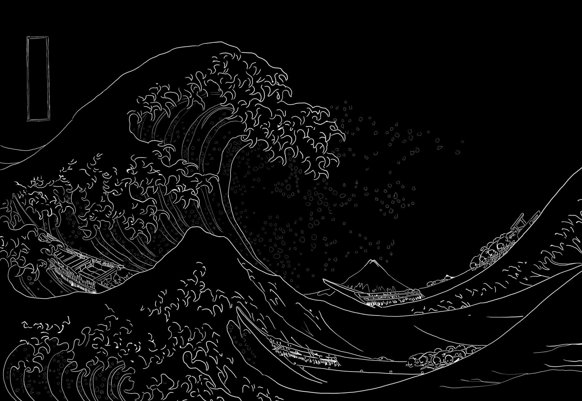 藝術 桌布 壁紙 — 一幅以白色線條繪製的《神奈川沖浪裏》清晰畫作，背景為黑色，遠處可見富士山。