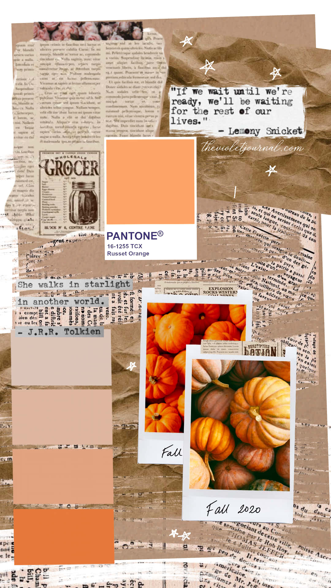 Cute Autumn 桌布 壁紙 — 一幅以秋天為主題的拼貼畫，包括南瓜、Pantone色票及復古報紙剪報，採用溫暖的大地色調。