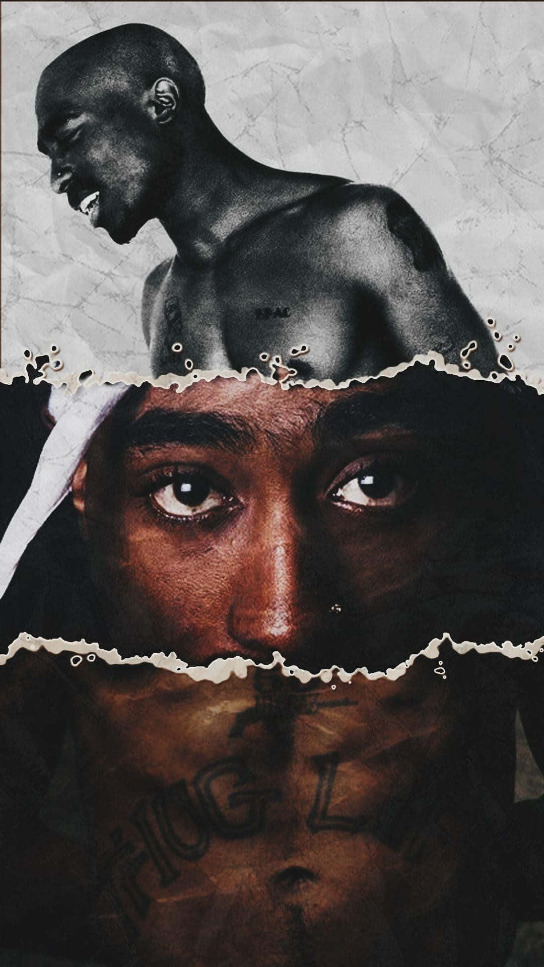 Tupac iPhone 桌布 壁紙 — 一幅以粗糙黑白和溫暖膚色呈現的Tupac Shakur臉部和上半身撕紙拼貼畫。