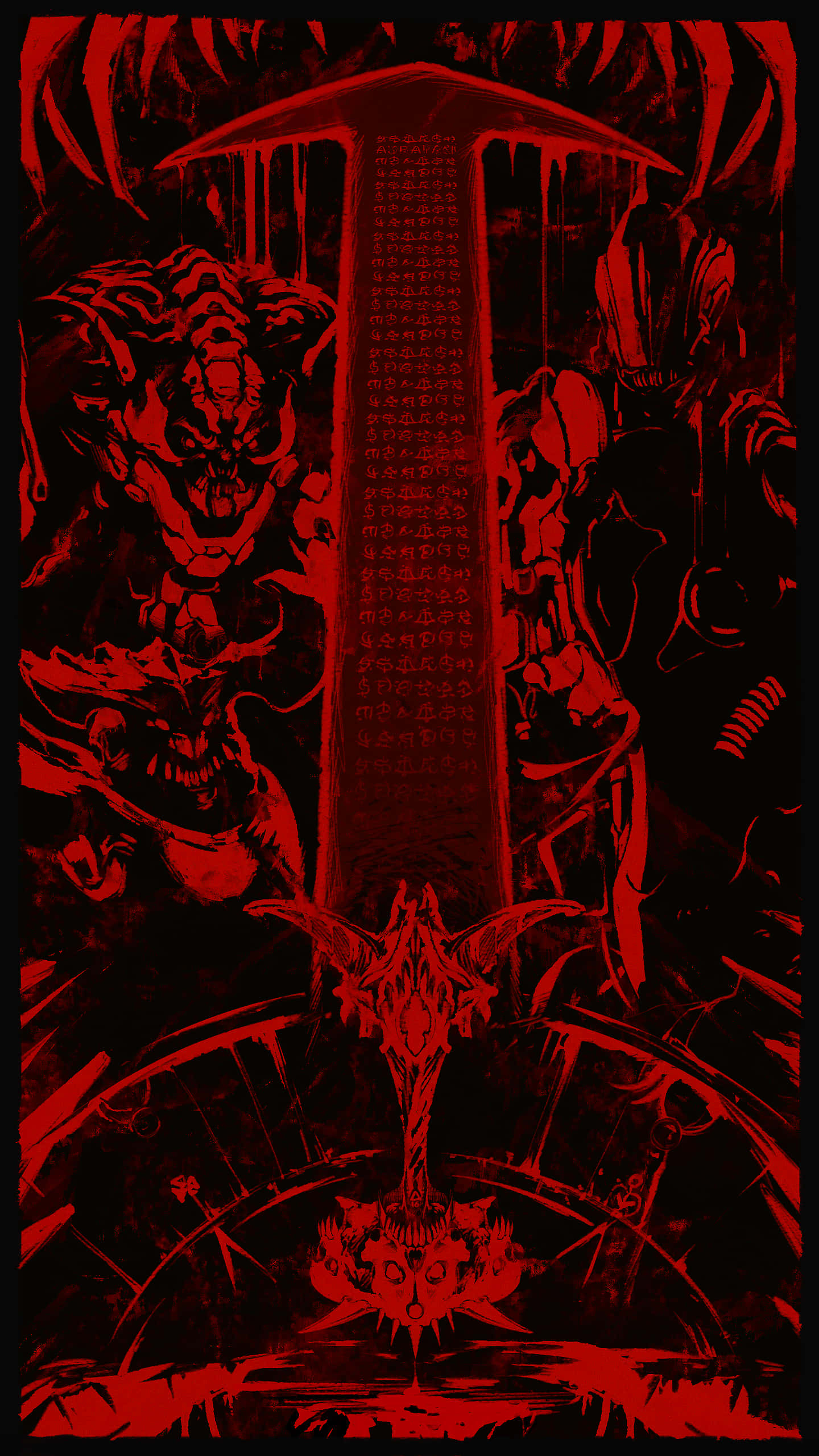 Pixel 3xl Doom 桌布 壁紙 — 一幅以紅色和黑色為主的威脅性插圖，描繪惡魔般的人物簇擁著中央雕刻精細、底部有骷髏頭的柱子。