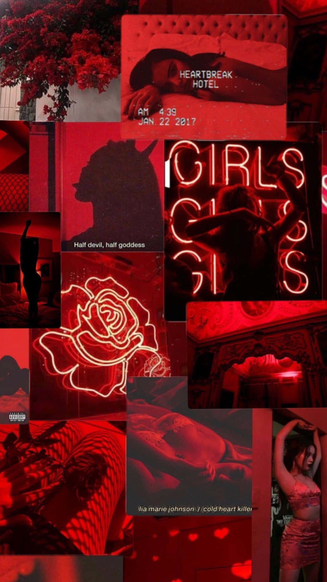 Girl Aesthetic 桌布 壁紙 — 一幅以紅色調為主的拼貼畫，包含霓虹燈牌、剪影、玫瑰和文字疊加，營造出陰鬱、感性的氛圍。