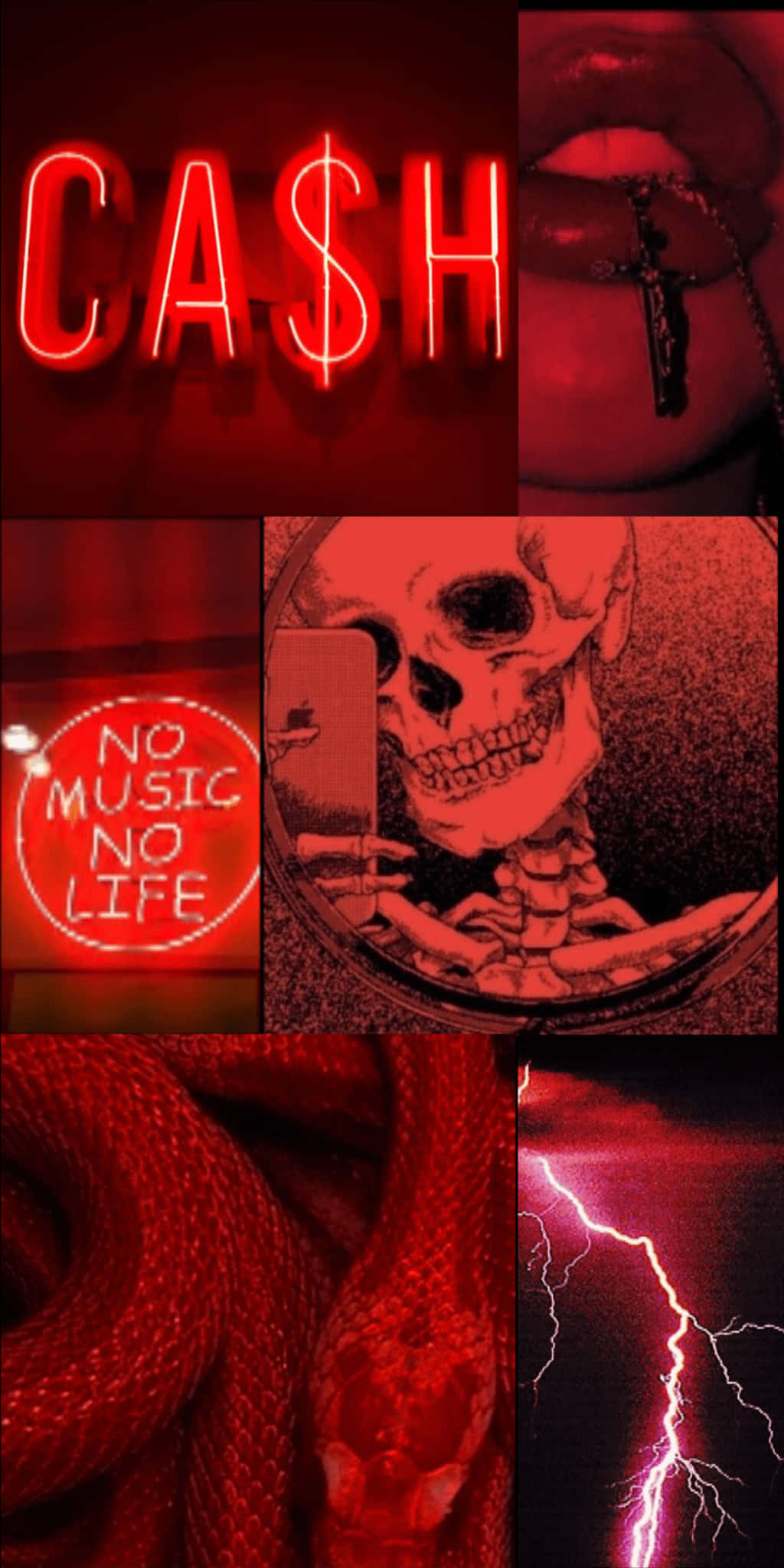 Aesthetic Red 桌布 壁紙 — 一幅以紅色調為主的拼貼畫，包含霓虹燈牌、骷髏頭、蛇和閃電，傳達出前衛的反叛精神。