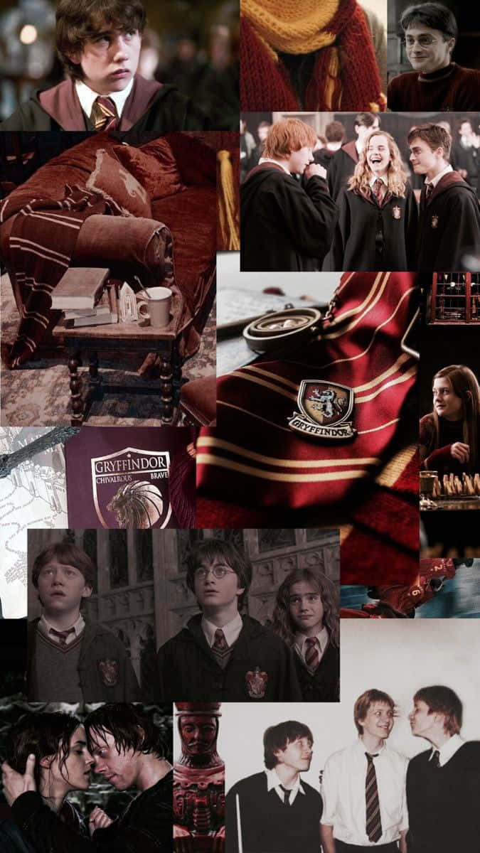 Gryffindor Aesthetic 桌布 壁紙 — 一幅以紅色金色點綴的哈利波特角色穿著葛萊芬多長袍和標誌性場景的拼貼畫。