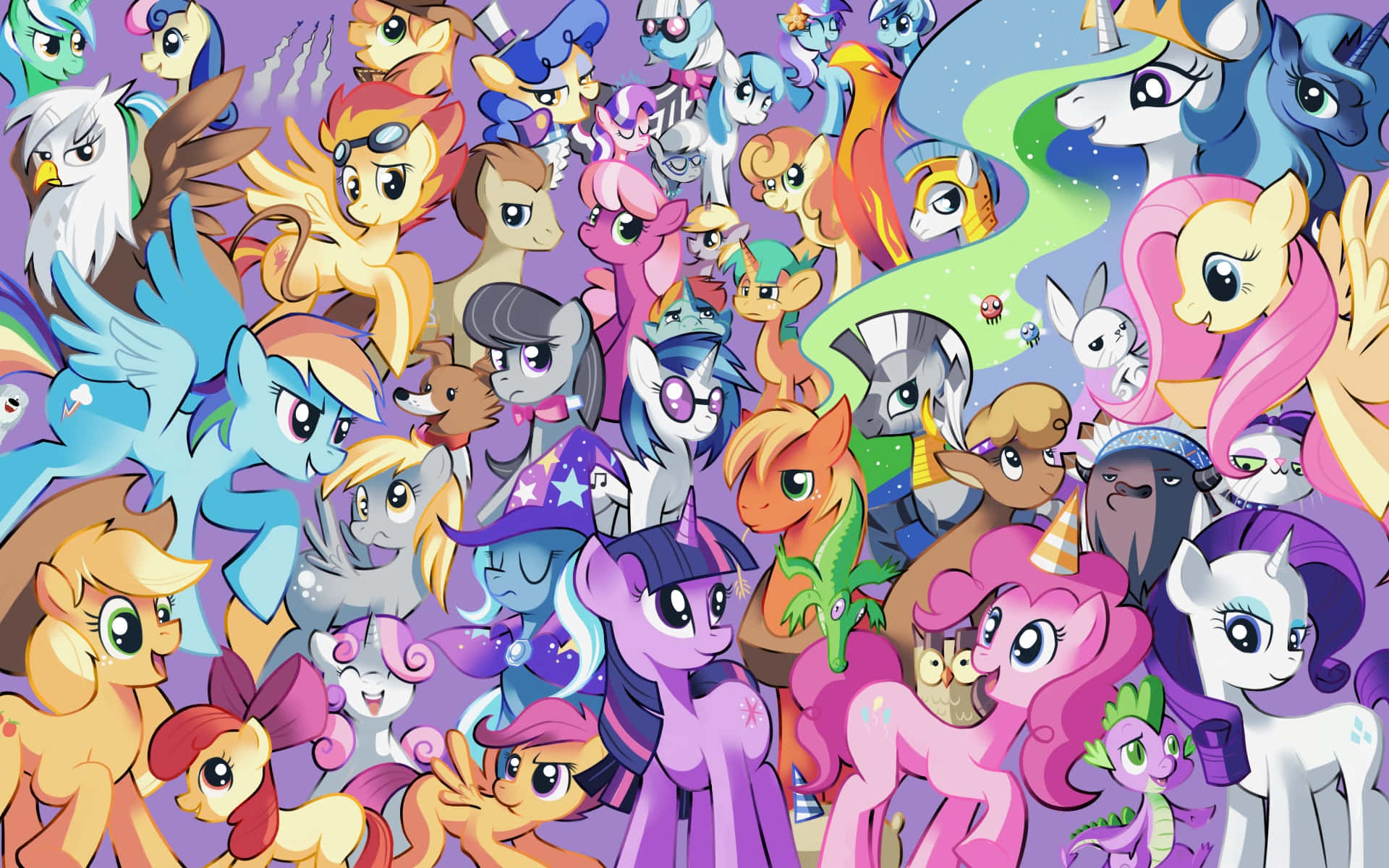 pony 桌布 壁紙 — 一幅以紫色背景為襯托，色彩繽紛的卡通風格 My Little Pony 角色拼貼畫。
