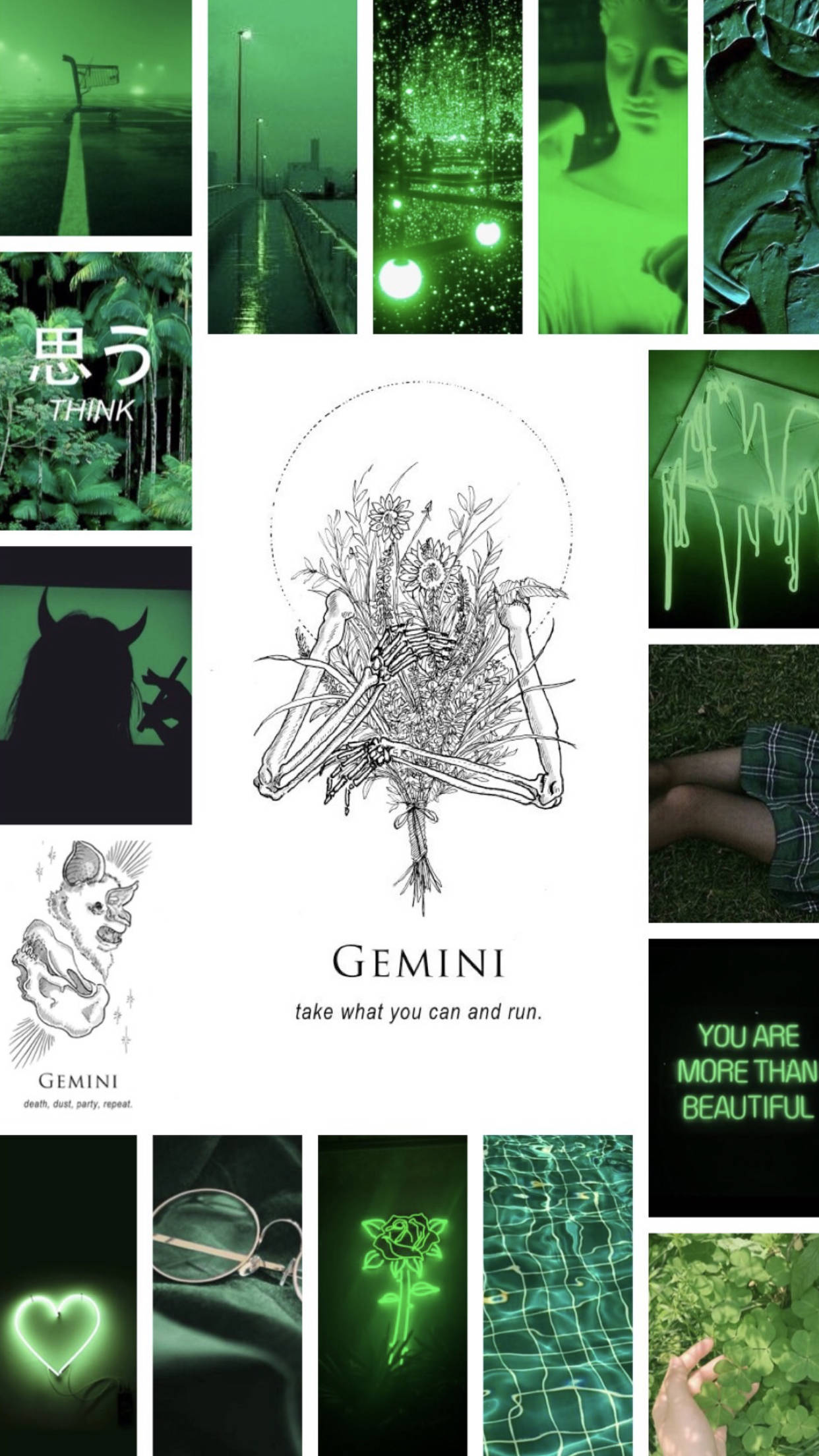 gemini 桌布 壁紙 — 一幅以綠色為主調的詭異圖像拼貼畫，包含發光的霓虹元素、骷髏花和抽象場景，由主導的單色綠色調色板統一。