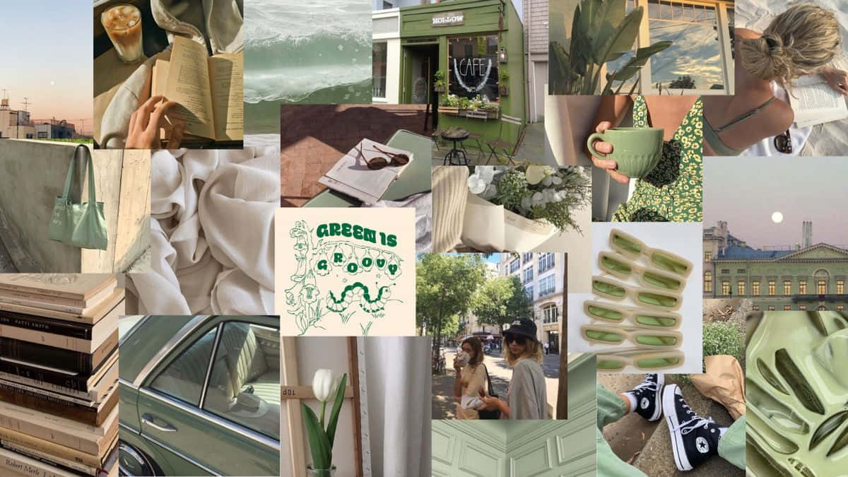 Sage Green Laptop 桌布 壁紙 — 一幅以綠色為主題的寧靜時刻拼貼畫，包括咖啡、書籍、經典汽車和城市景觀，喚起平靜與懷舊之情。