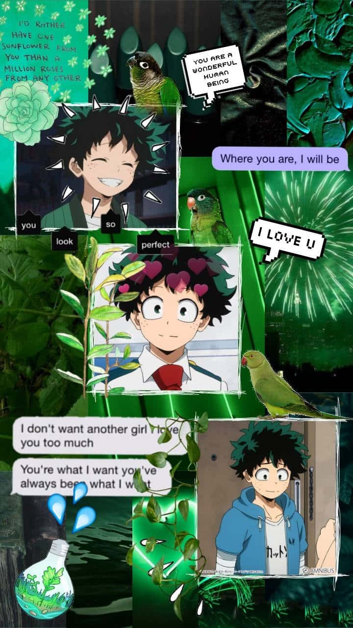 Aesthetic Deku 桌布 壁紙 — 一幅以綠色為主題的鮮豔動漫拼貼畫，包含多個面板，描繪一個微笑的刺蝟頭男孩，周圍環繞著鸚鵡和浪漫的文字氣泡。
