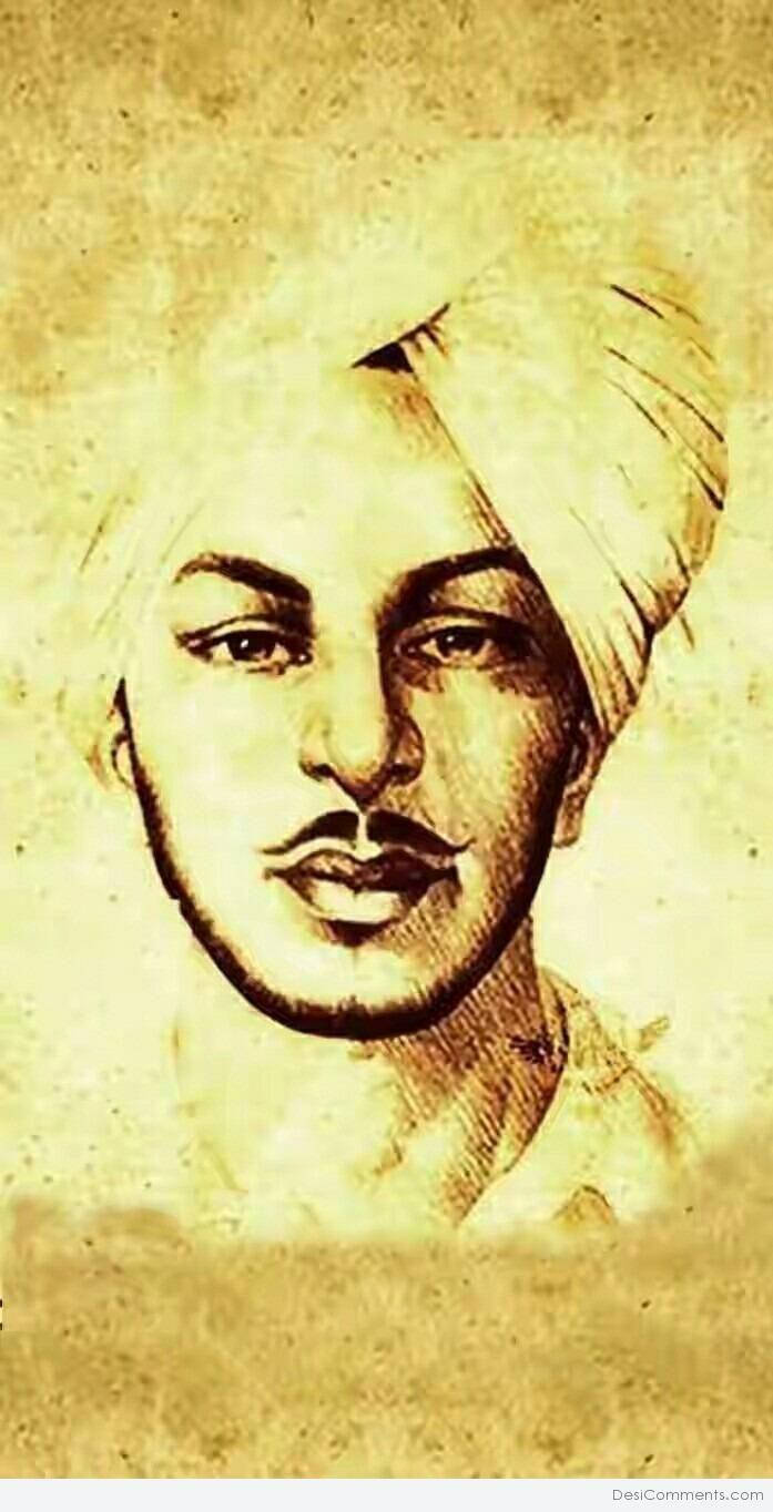 Shaheed Bhagat Singh 桌布 壁紙 — 一幅以羊皮紙風格背景、用素描紋理筆觸繪製的棕褐色調頭巾男子肖像。